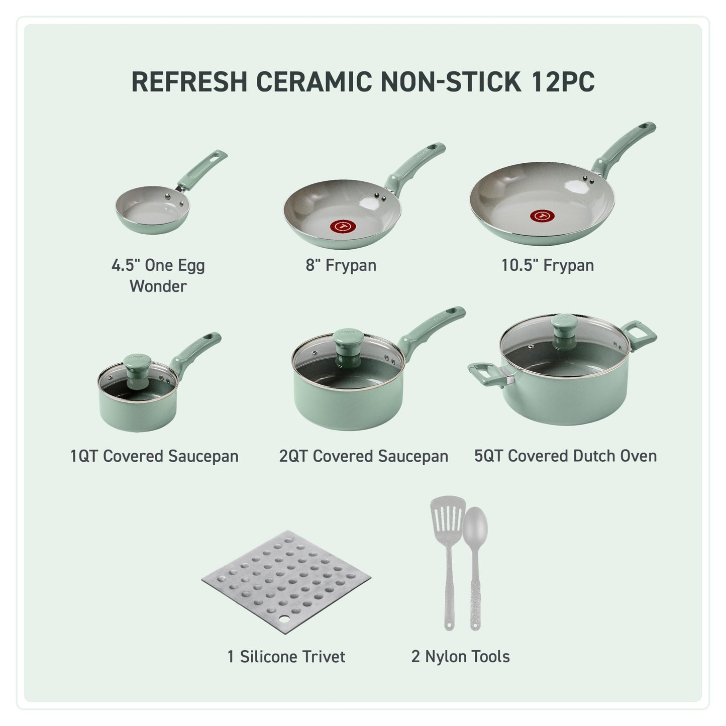 T-Fal Refresh Ceramic Nonstick Cookware Set, Oven Safe Up to 350ºF, 12-Piece, Includes Stockpot, Griddle, Frying Pans, Utensils, Ceramic Pots and Pans Set, Mint Green