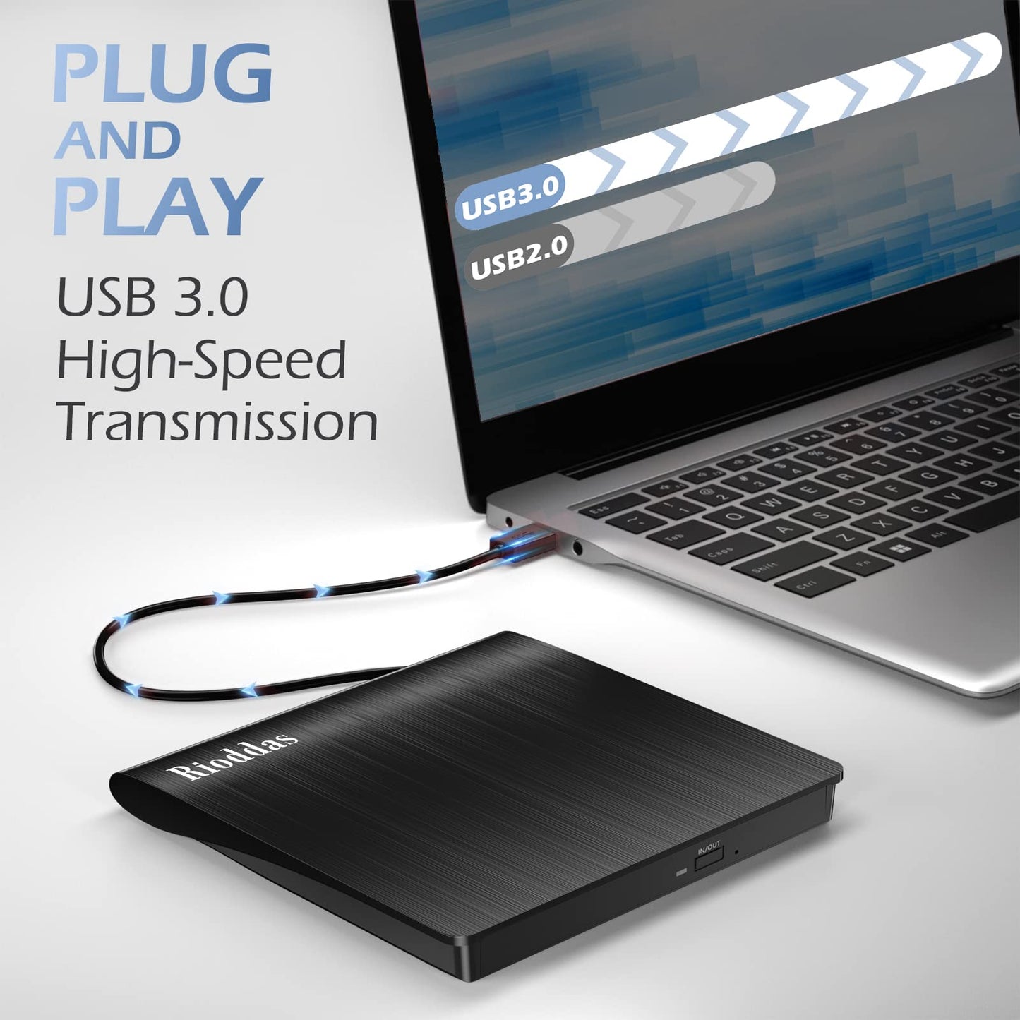 Rioddas External CD/DVD Drive for Laptop, USB 3.0 CD DVD Player Portable +/-RW Burner CD ROM Reader Writer Disk Duplicator Compatible with Laptop Desktop PC Windows Apple Mac Pro MacBook Linux