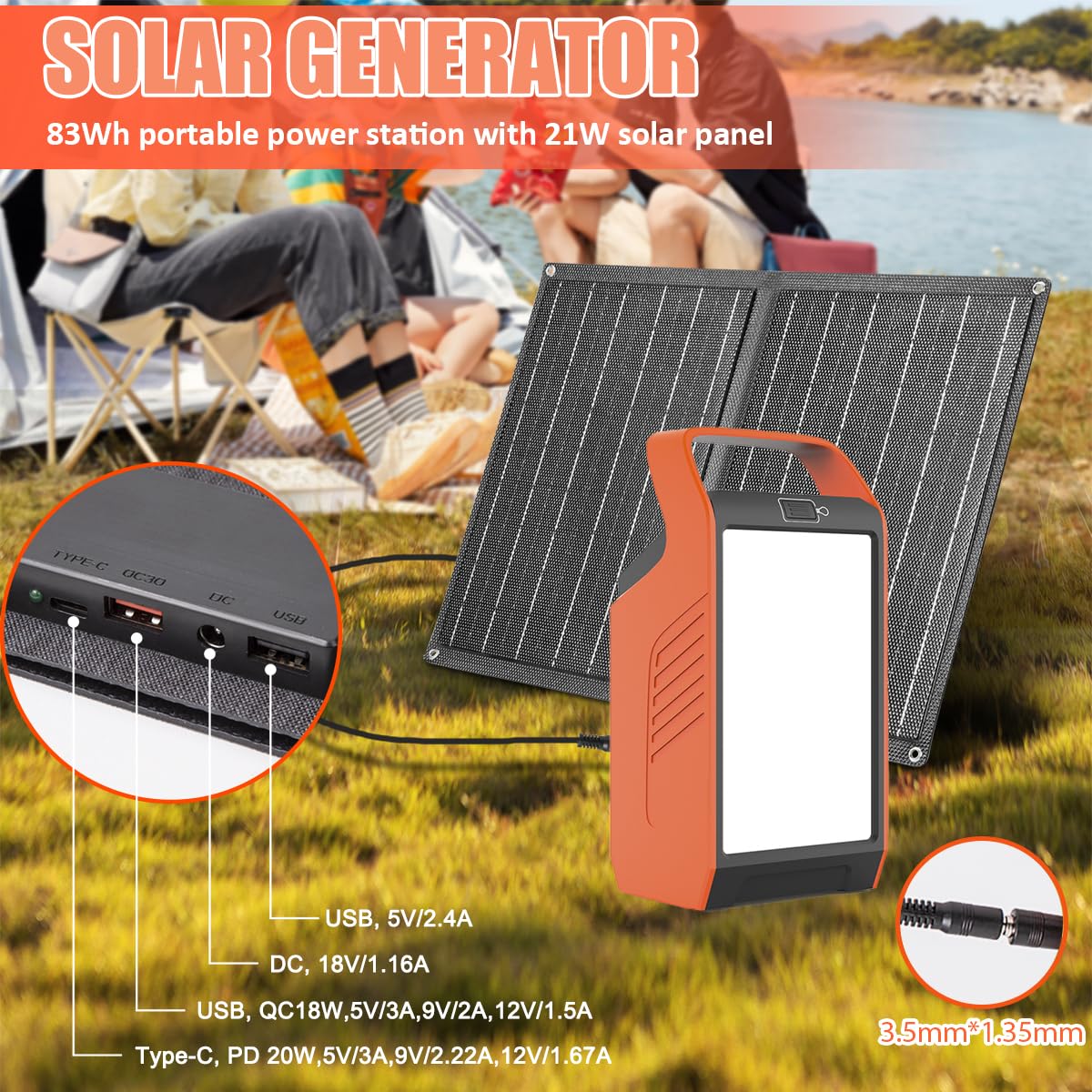 Takki 120W Peak Solar Generator with 21W Panel 83Wh Portable Power Station Solar Power Bank with 110V AC Outlet for Camping Home Use Outdoor Emergency Fan Laptop Hurricane