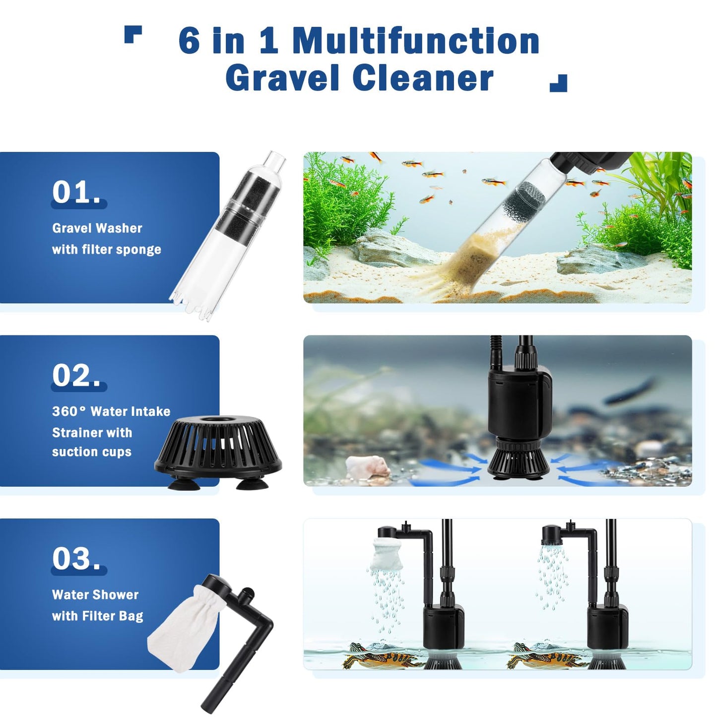 AQQA Aquarium Gravel Cleaner Kit, 6 in 1 Electric Fish Tank Vacuum Cleaning Tools Water Changer, Multifunction Wash Sand Filter Water Circulation 20W 320GPH 110V
