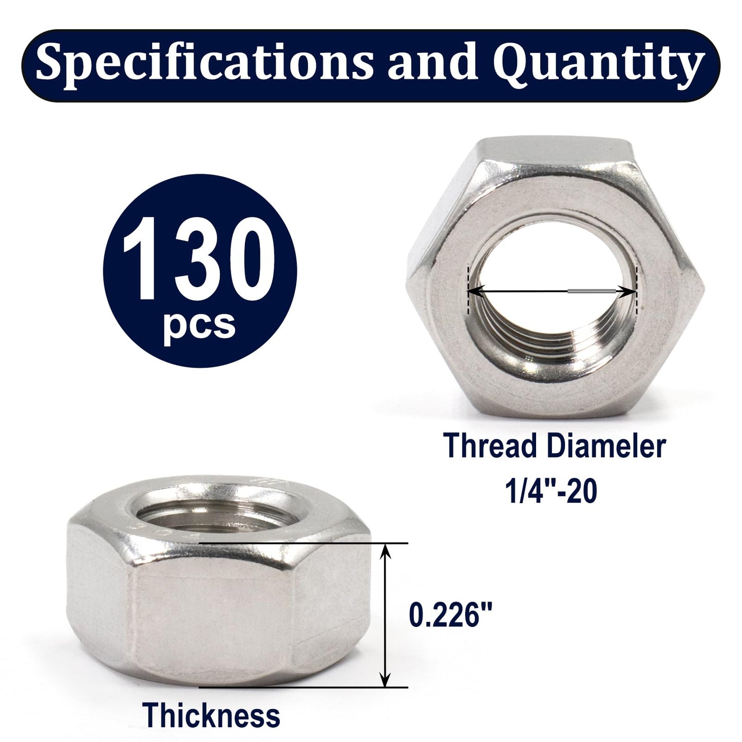 ZQZ 1/4"-20 Hex Nuts,130 Pack 304 (A2-70) Stainless Steel Hardware Nuts,Standard Inch Coarse Thread Nuts