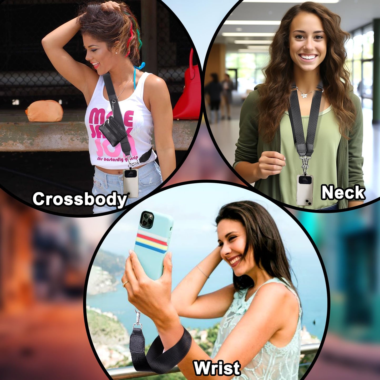 XANGNIER Clip and Go Strap for Phone with Wallet Crossbody, Phone Strap with Zippered Wallet, Adjustable Anti Theft Cellphone Lanyard for Women, Cellphone Chain Accessories, Black