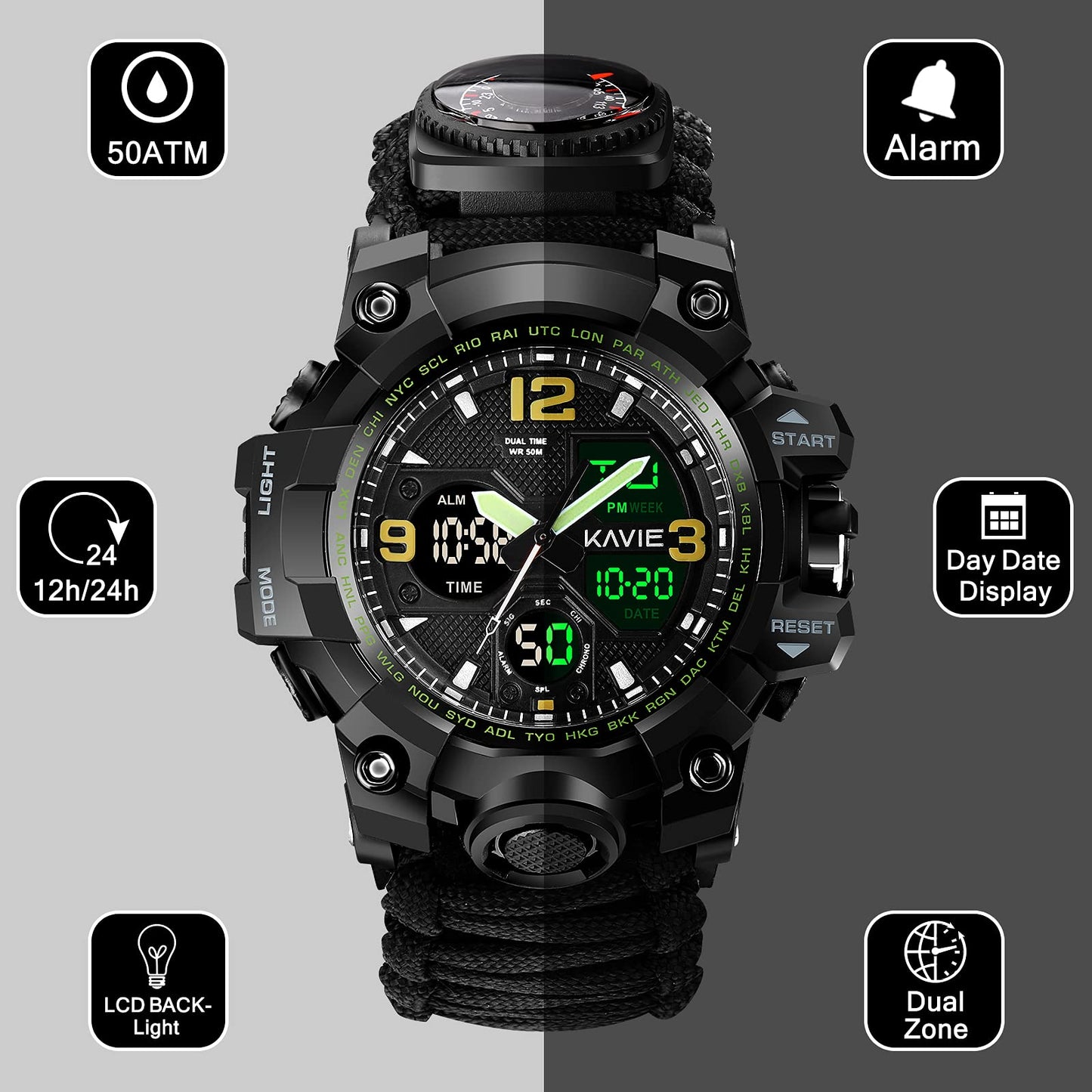23-in-1 Survival Military Digital Watch, Mens Tactical Multi-Functional and Adjustable Wristband Outdoors Waterproof Sports Dual Dial Watches with Compass Paracord Band, Black, Digital