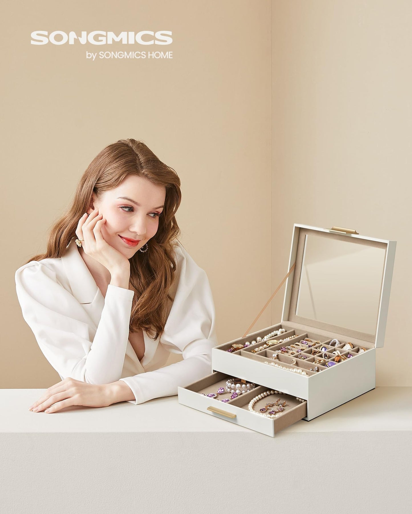 SONGMICS Jewelry Box Organizer with Glass Lid, 2-Layer Jewelry Storage, with 1 Drawer, Modern Style, 8 x 9.1 x 4.1 Inches, Cloud White and Gold Color UJBC174W01