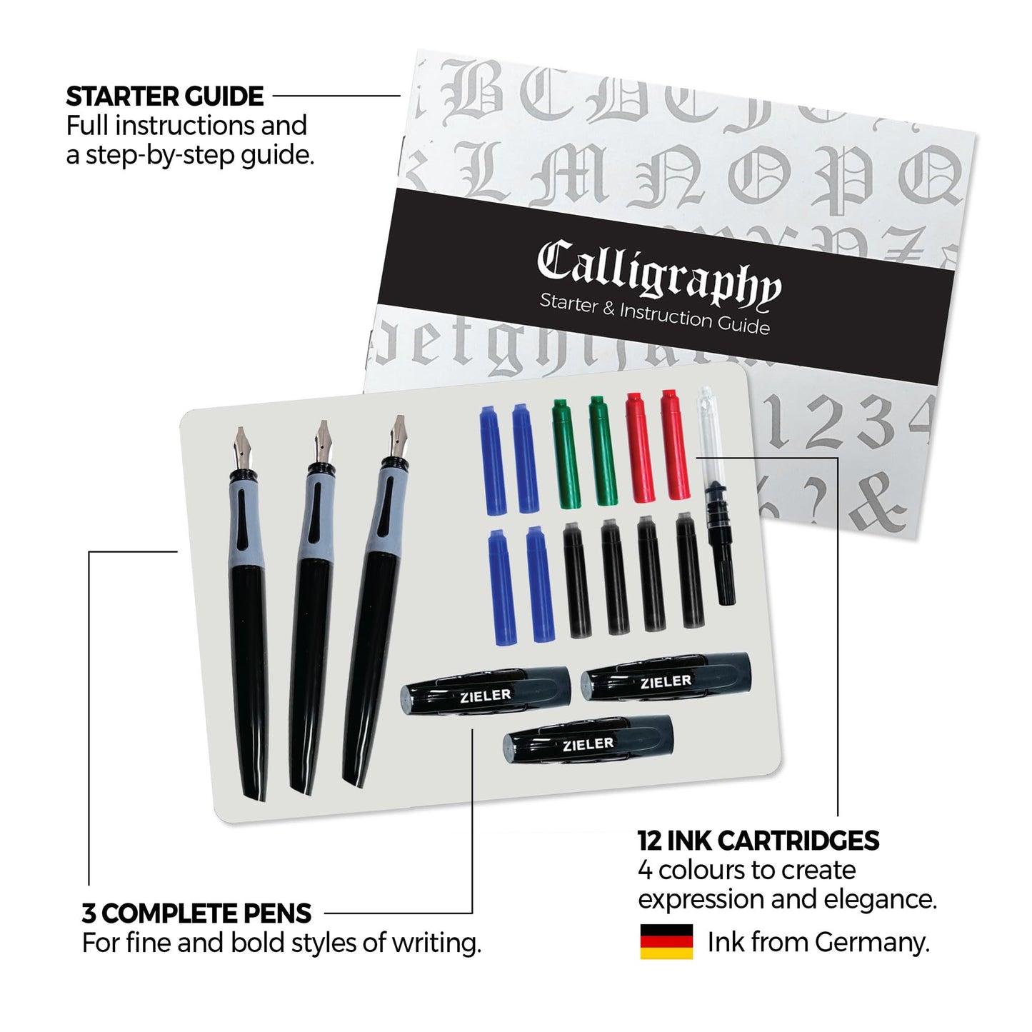 Zieler Calligraphy Pen Set - Complete 3 Pen 17-piece Calligraphy Writing Set - Free-Flowing Pens with Soft Rubber Finger Grip - Suitable for All Levels