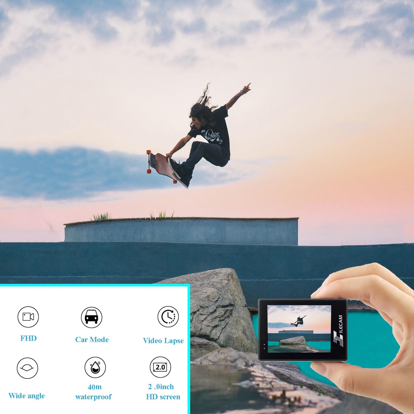 Xilecam Action Camera 1080P 30fps Sports Camera 40m/131ft Underwater Waterproof with 2 Batteries and Multi-Function Accessory