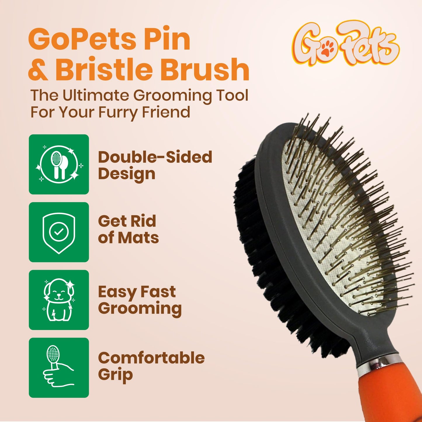 GoPets Double-Sided Pin & Bristle Brush, Dog & Cat Grooming Brush for Detangling, Shedding Control, Fur & Dirt Removal, Smooth & Efficient Pet Grooming for Healthy Coat, Comfortable Ergonomic Handle