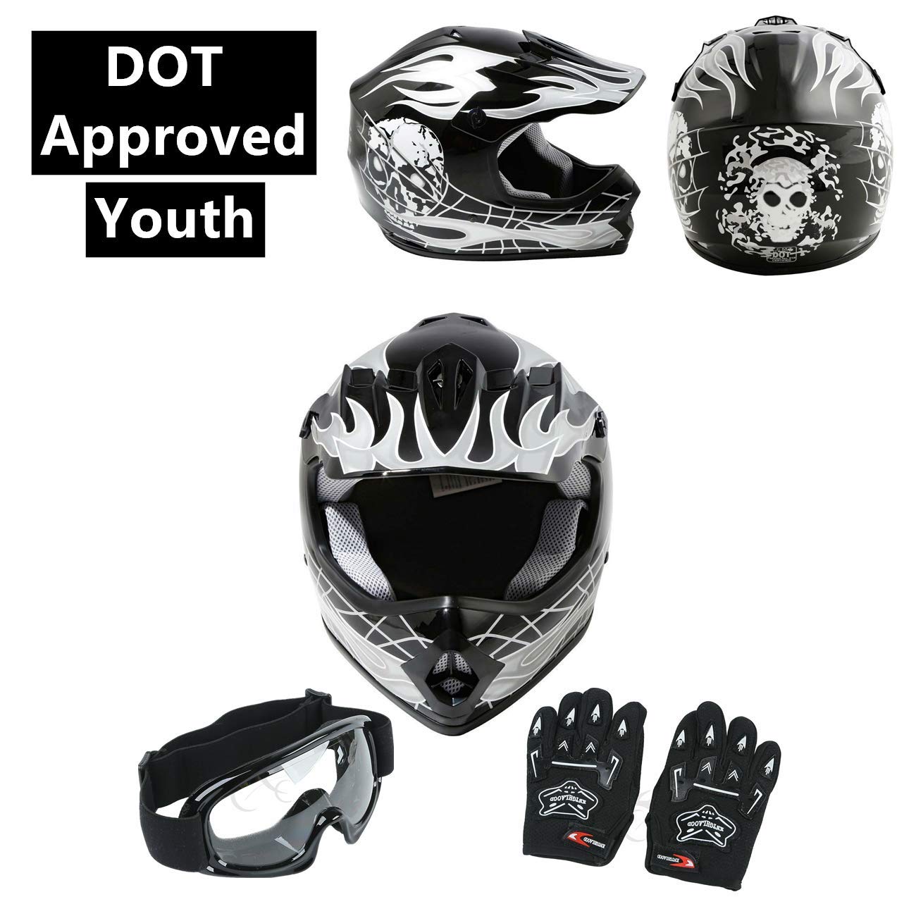 SLMOTO Youth Kids Motocross Offroad Street Helmet Motorcycle Helmet Dirt Bike ATV DOT Approved Black Skull Helmet+Goggles+Gloves Black Skull Design Small