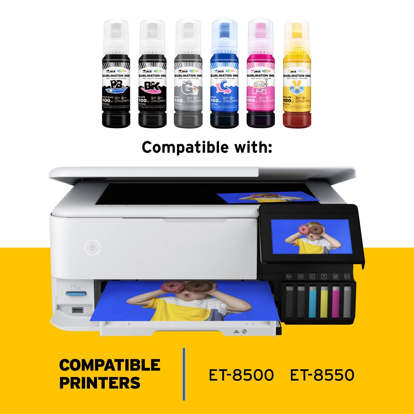 Printers Jack 600ML Sublimation Ink for ET-8550 ET-8500 Wide-Format Supertank Printers Heat Press Transfer on T-Shirt (6x100ML, 6 Colors-BK PB CM Y GY) Bigger Bottles with More Ink Auto Fill the Tanks