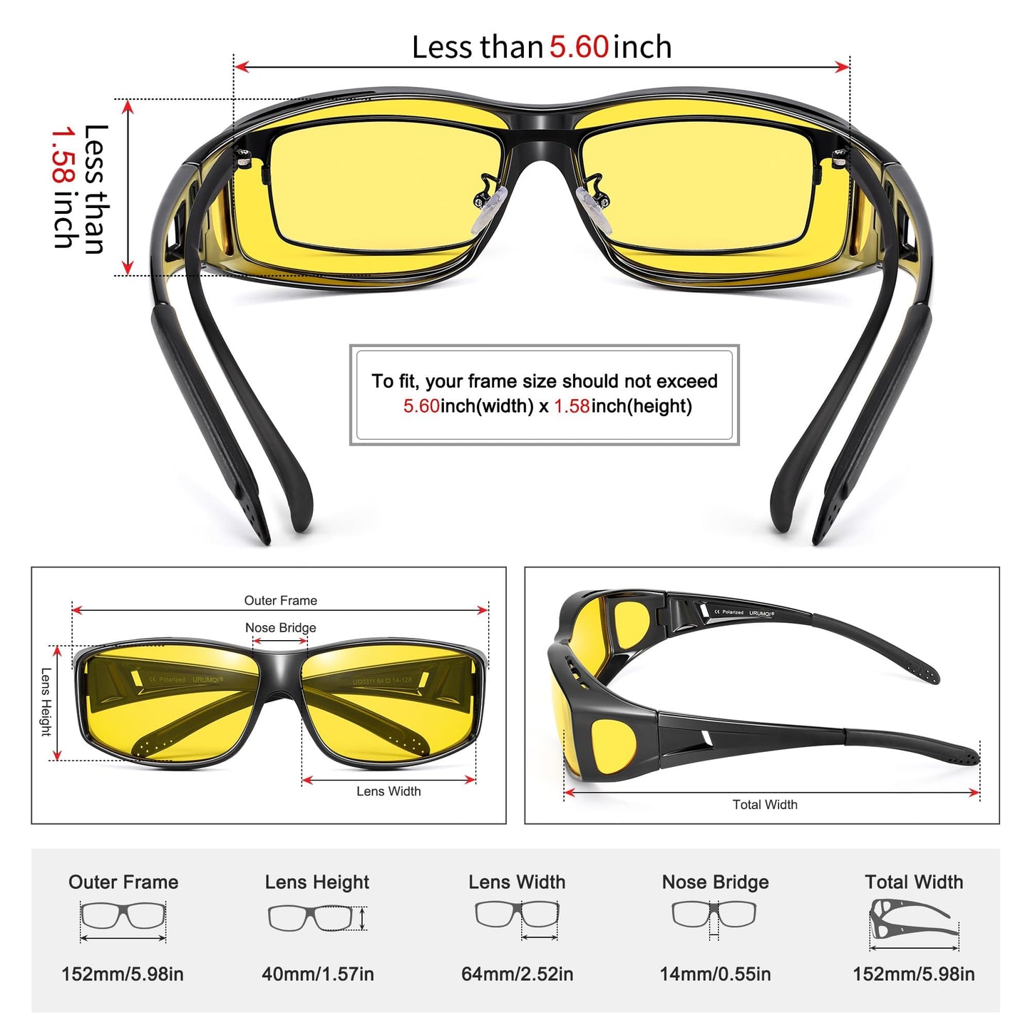 URUMQI Anti Glare Night Driving Glasses Fit Over Eyeglasses for Men Women, Polarized Nighttime Glasses HD Vision Yellow Lens