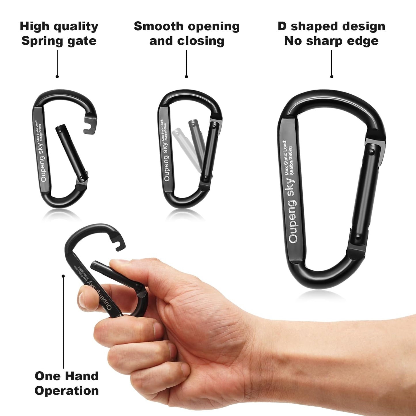 Carabiner Clip,855lbs,3" Iron Heavy Duty Caribeaners for Hammocks,Camping Accessories,Hiking,Keychain,Outdoors and Gym etc,Spring Snap Hook Carabiners for Dog Leash,Harness and Key Ring,2 PCS,Black
