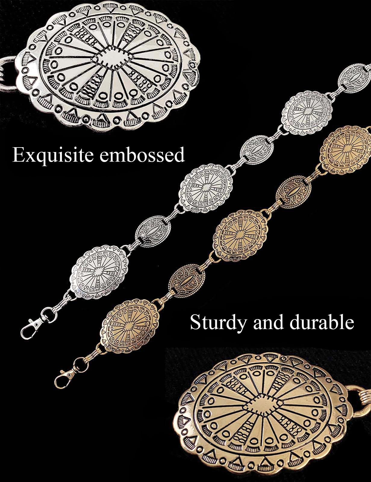 TOPACC Gold Metal Oval Concho Chain Belts for Women Western Cowgirl Belt for Dresses Jeans Country Concert Outfit