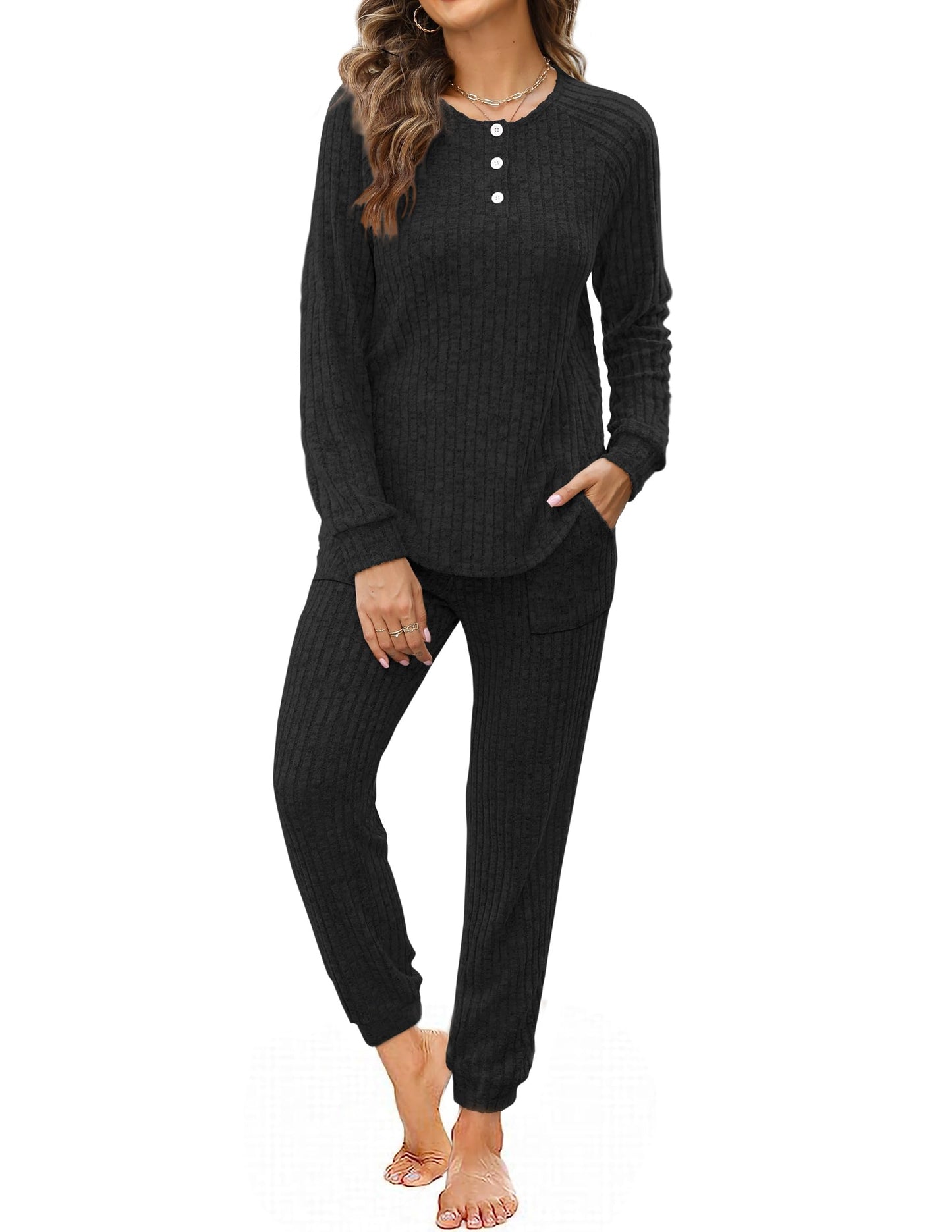 WIHOLL Track Suits for Women Set Loungewear Long Sleeve Soft Tops Sweatsuits Black M