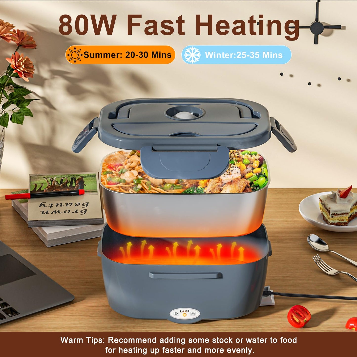 Akhia 80W Fast Electric Lunch Box for Adults 1.5L Portable Heated Lunch Box with 12V/24V/110V Includes Stainless Steel Container, Fork & Spoon & Insulated Bag (Ideal for Car/Truck/Office Use)