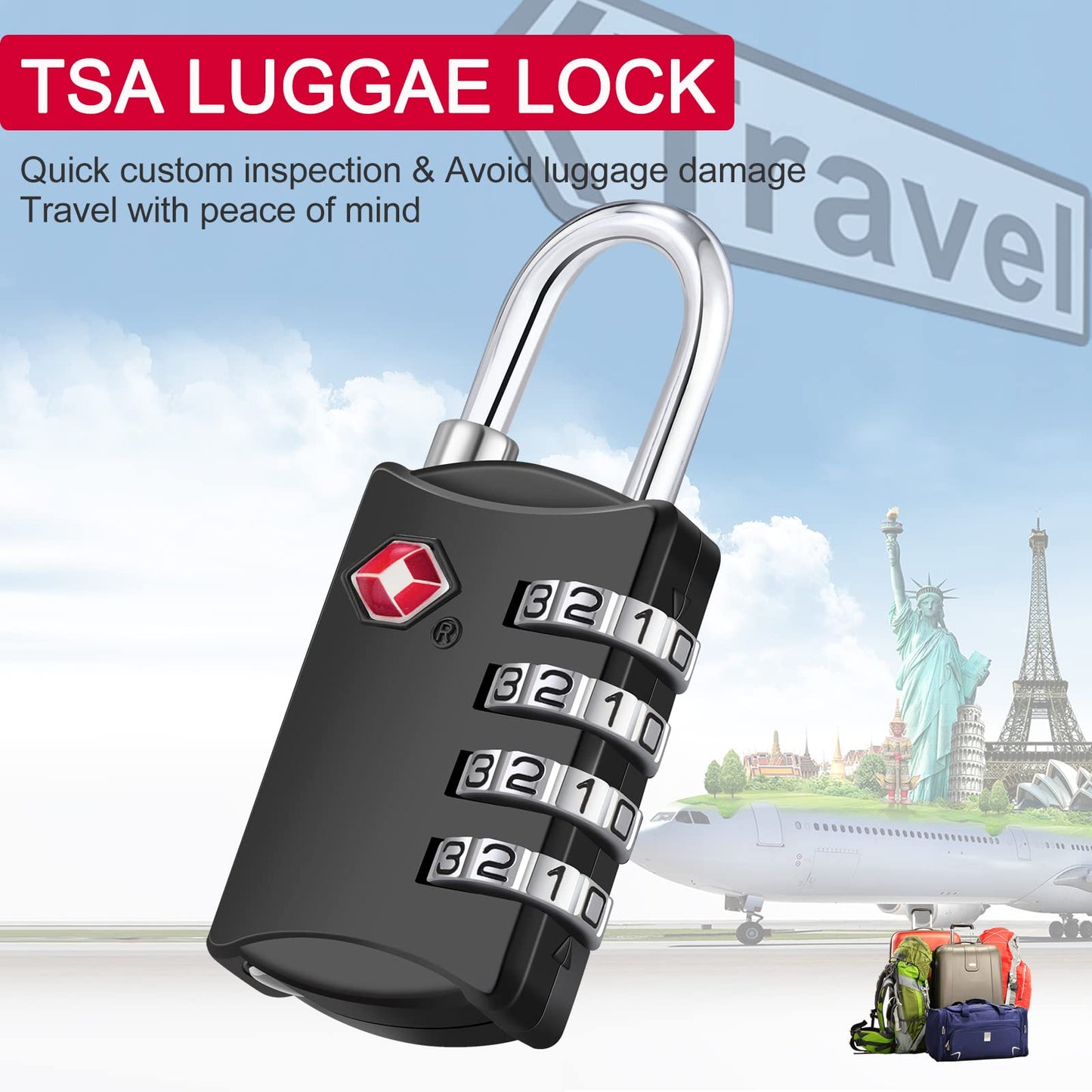 ZHEGE TSA Approved Luggage Lock for Train Travel, 4 Digit Combination Lock for School Gym Locker, Suitcase, Backpack, Cabinet, Drawer, Easy Read Dial with Alloy Body (1 Pack, Black)