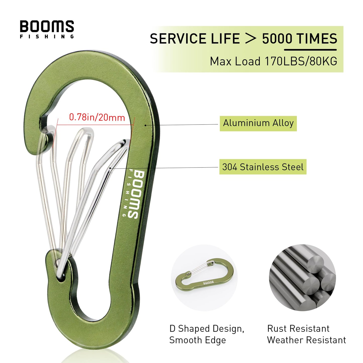Booms Fishing CC5 Multi-Use Carabiner Clips, 10 Pack 2.7" Small Caribeener Clips, Mini Keychain Caribeaner Clip, Aluminum D Ring Carabiners, Green