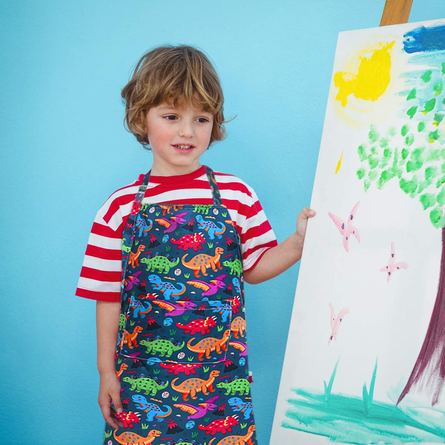 Sylfairy Aprons for Kids Girls Rainbow Unicorn Apron Children Kitchen Chef Aprons Smock (Green+Dinosaur, Small,3-5Years)