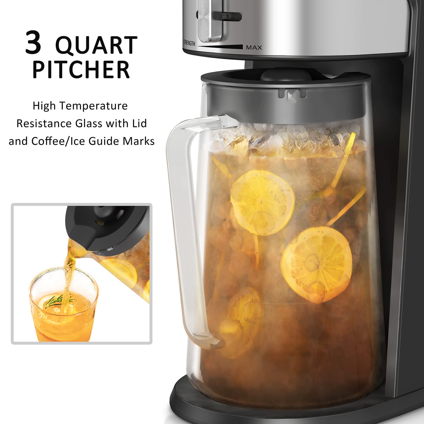 wirsh Iced Tea Maker with 3QT Pitcher, Iced Coffee Maker with Strength Control and Reusable Filter, Perfect For Iced Coffee, Latte, Tea, Lemonade, Flavored Water, Black