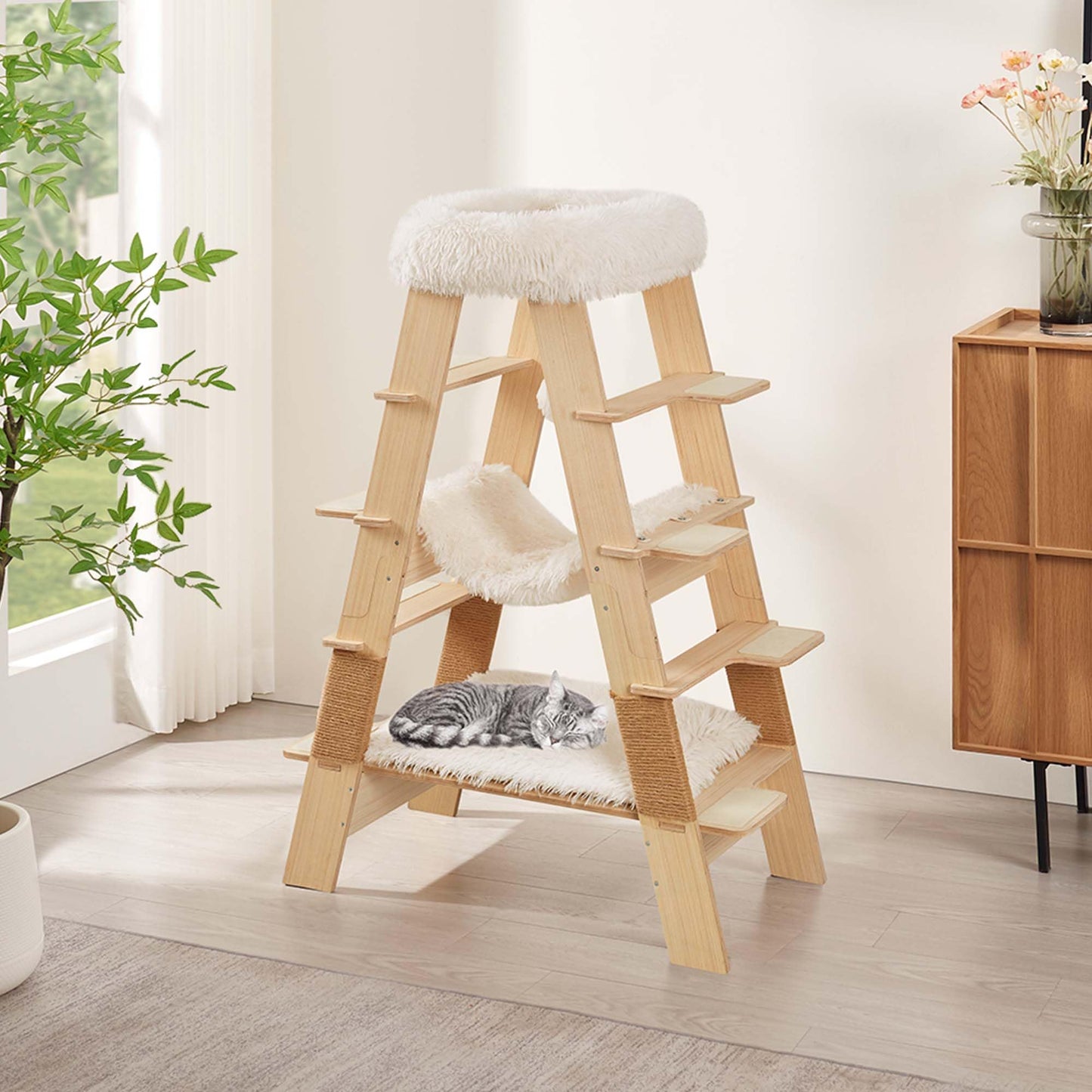 unipaws Pyramid Cat Tree, 5-Level Wooden Cat Ladder, Sturdy Tall Cat Climbing Tower with Cozy Hammock for Kittens and Indoor Cats