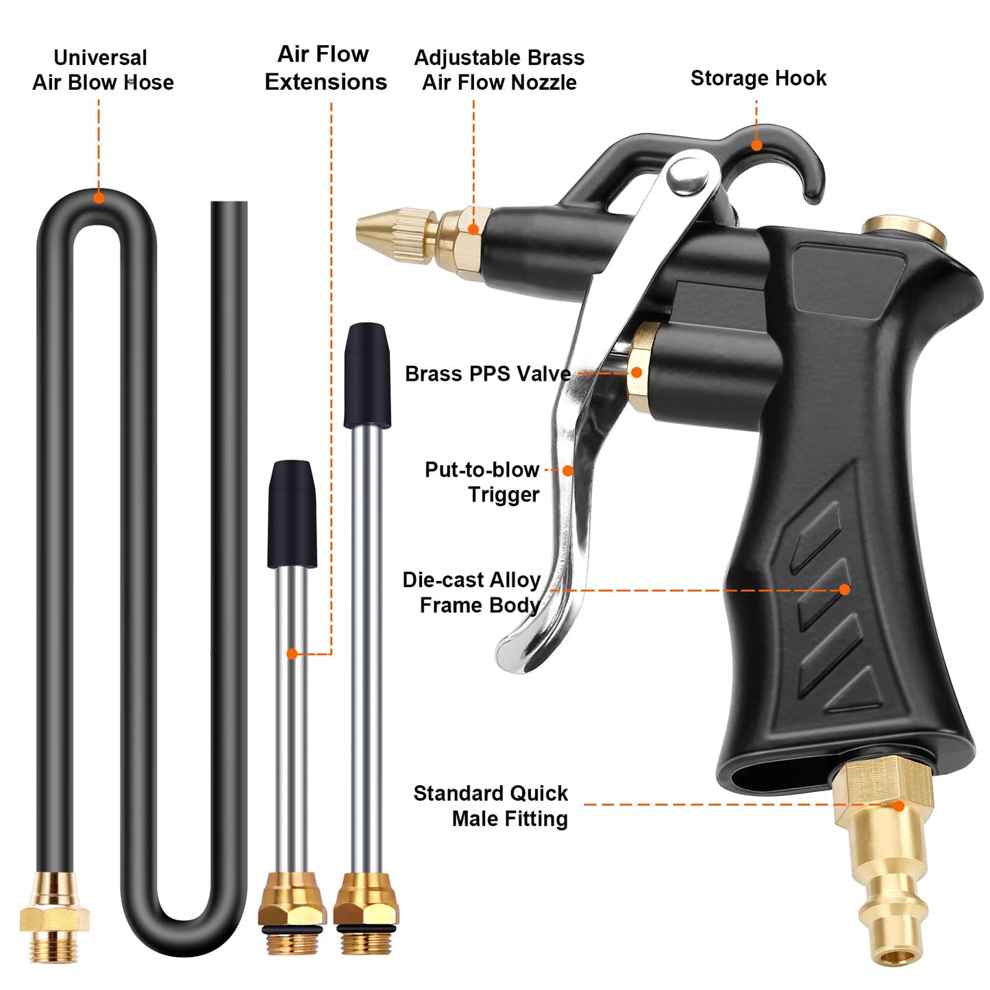 Brass Industrial Air Blower with Adjustable Nozzle, Universal Blow Hose & Steel Extensions - Air Compressor Dusting Tool