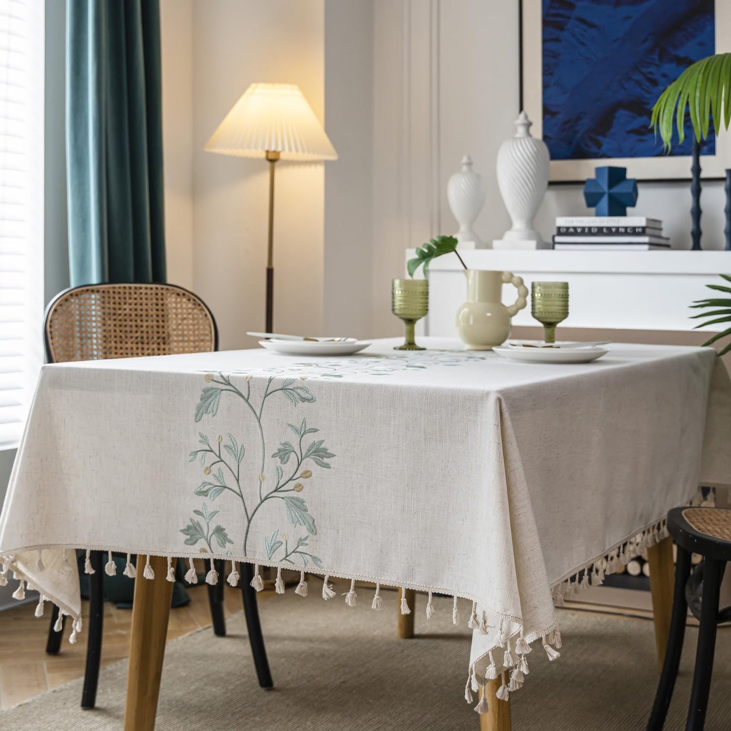 ColorBird Fabric Tablecloths for Rectangle Tables, 55x102 inch Washable Kitchen Table Cloth Rectangle, Green Leaves 8ft Tablecloth Burlap Table Cover for Dinning Picnic Party