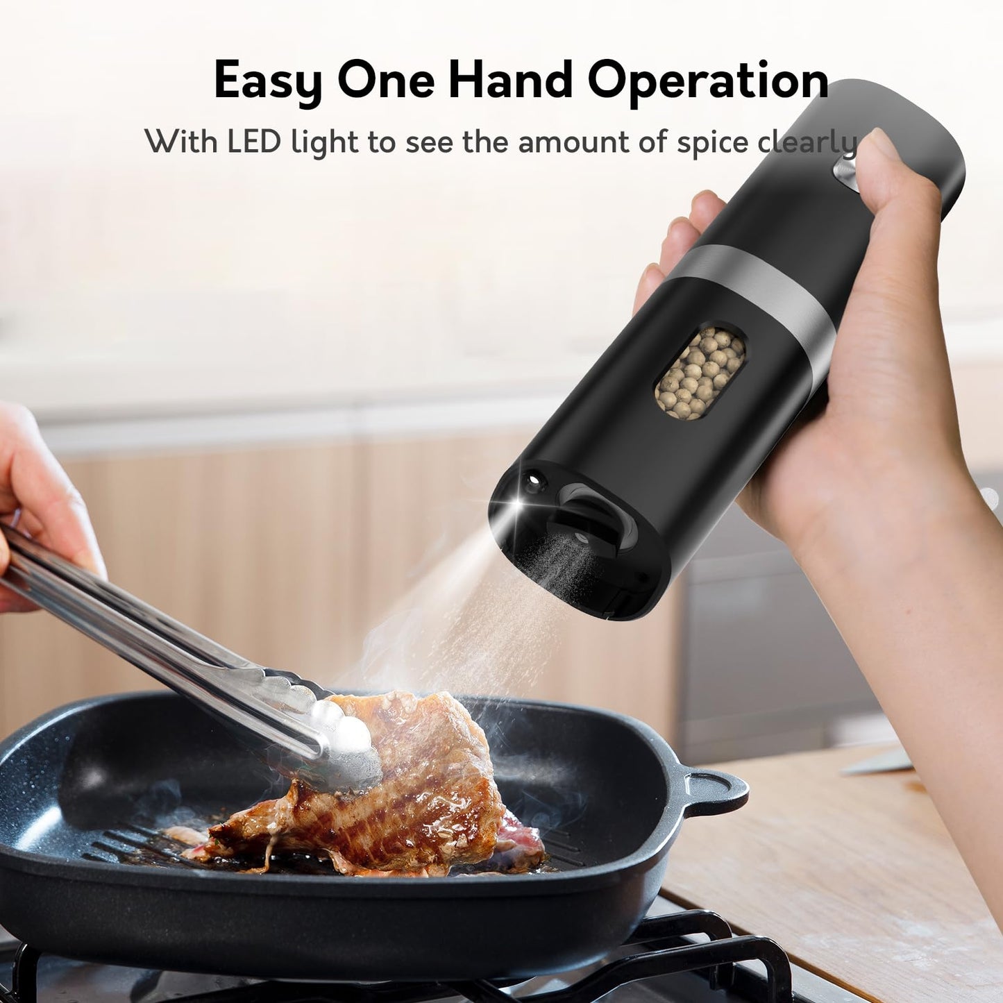 Syaws Electric Pepper and Salt Grinder 1 Pack,Battery Powered Pepper Grinders,Automatic Pepper Mill with LED Light,Adjustable Coarseness One-Hand Operation