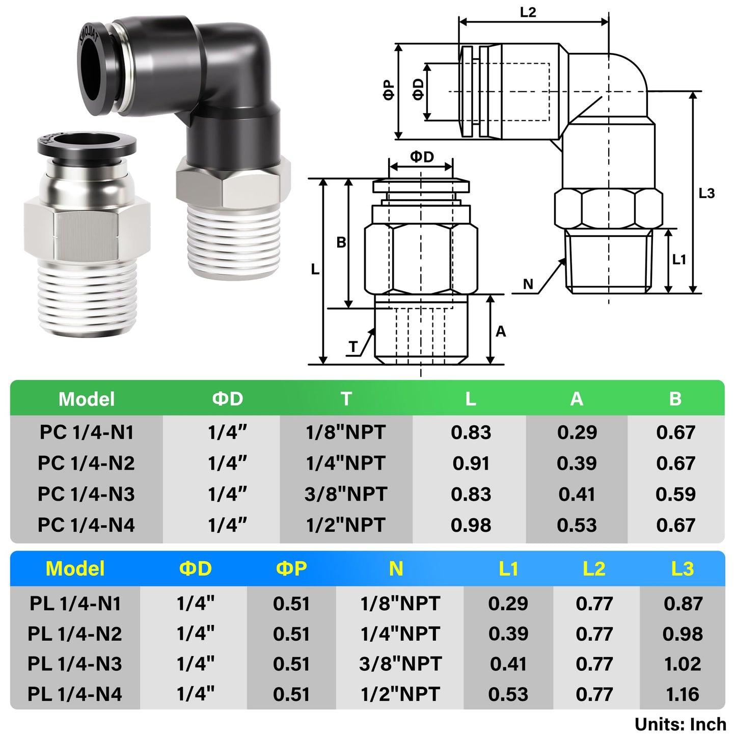 TAILONZ PNEUMATIC Elbow and Straight Combination 1/4 Inch Tube OD x 1/4 Inch NPT Thread Push to Connect Fittings PC-1/4-N2+PL-1/4-N2(Pack of 12)