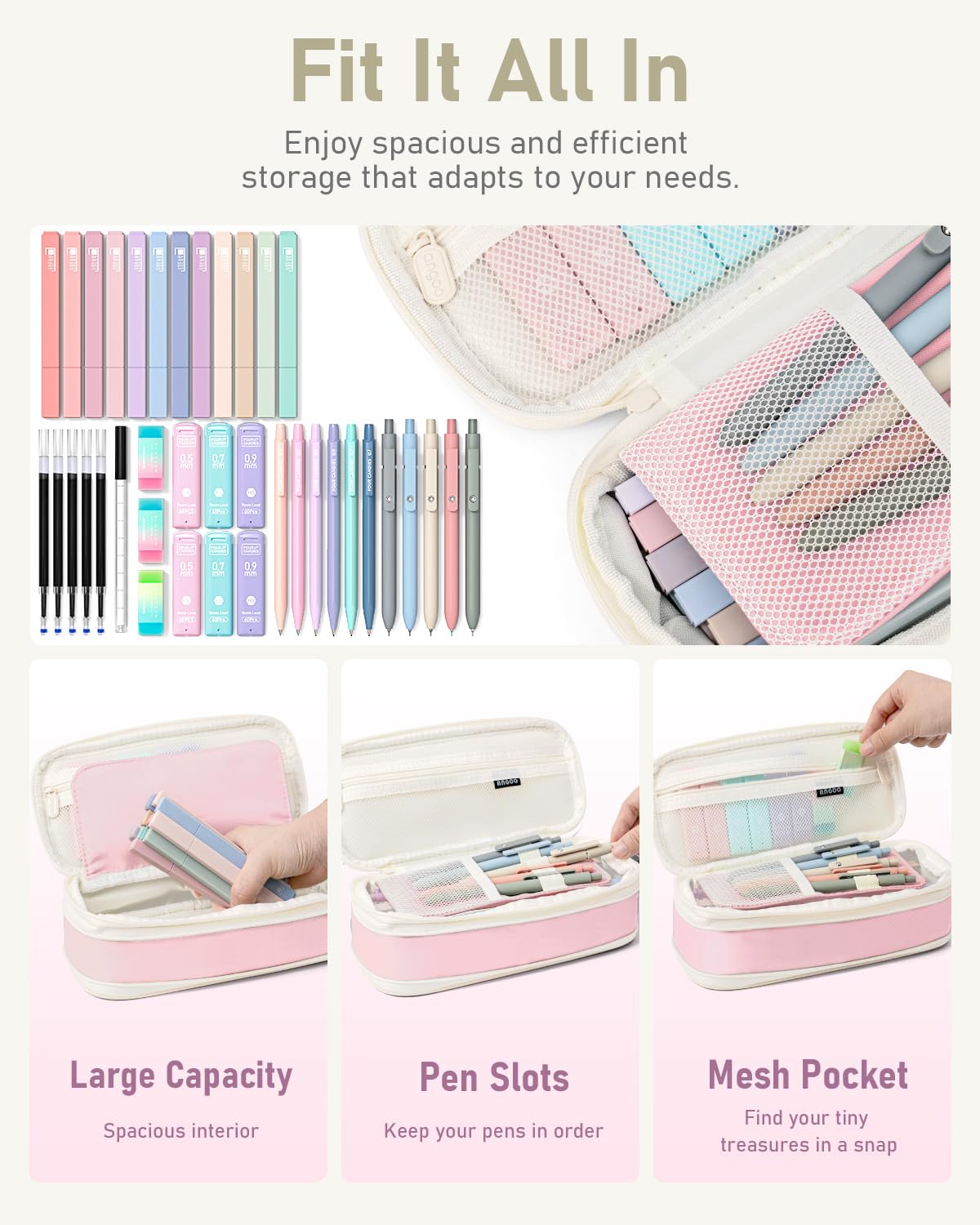 Four Candies 39 PCS Aesthetic School Supplies with Cute Pen Case, 12 Pastel Highlighters, 5 Black Ink Gel Pens, 6 Mechanical Pencils Set 0.5 & 0.7 mm for Students Stationary College Essentials (Pink)
