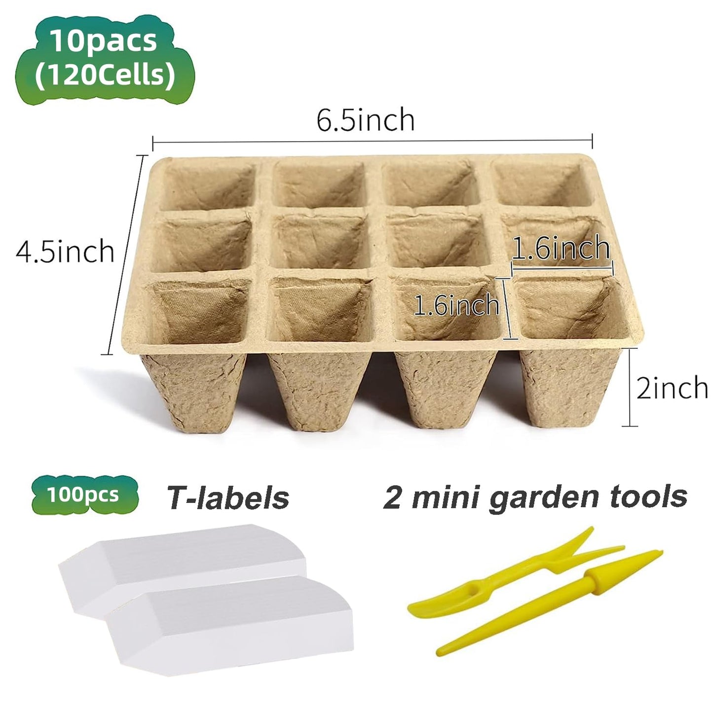 Doubleggs 120 Cells Seed Starter Tray, 10 Pack Biodegradable Peat Pots with 100 Labels, Plant Starter Kit for Seedlings