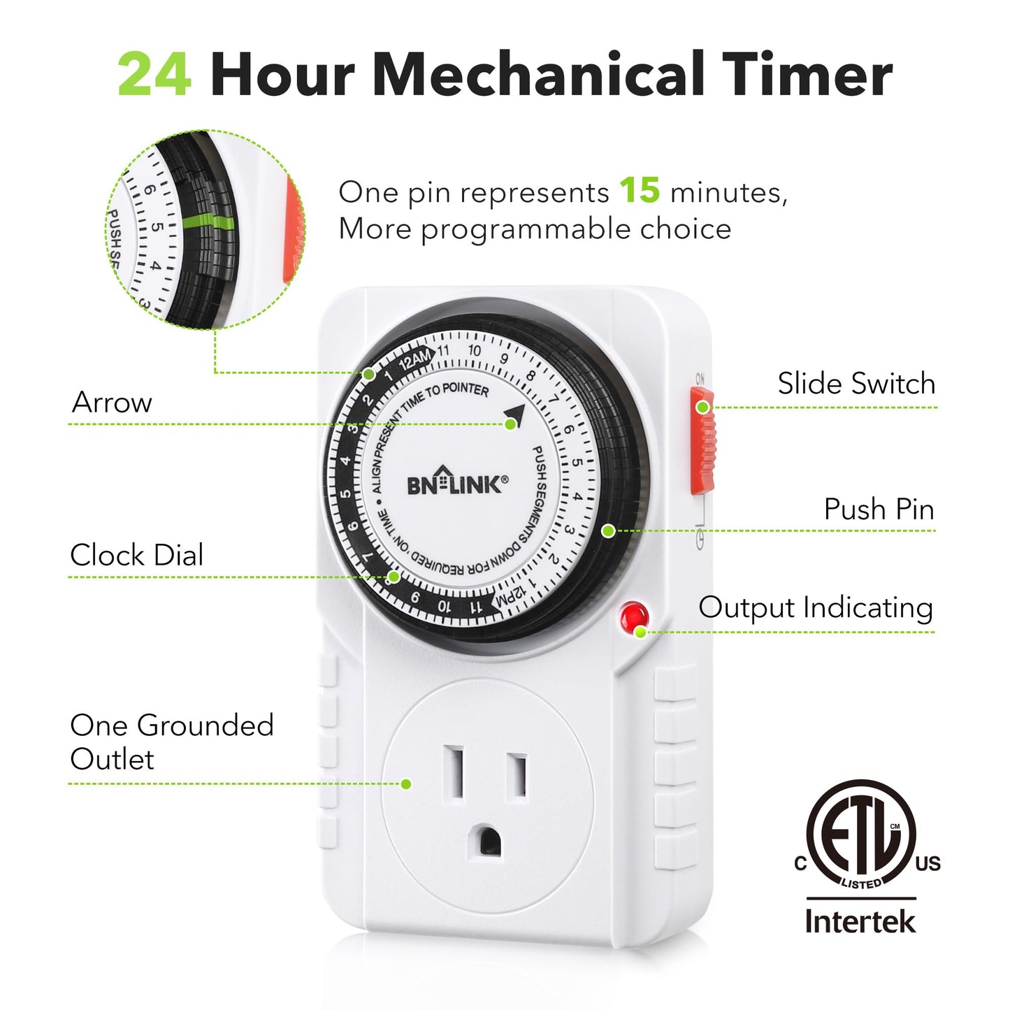 BN-LINK 24 Hour Plug-in Mechanical Timer Grounded for Aquarium, Grow Light, Hydroponics, Indoor Lighting, Home Appliances, ETL Listed 125VAC, 60 Hz, 1875W, 15A, 1/2HP (1 Pack)