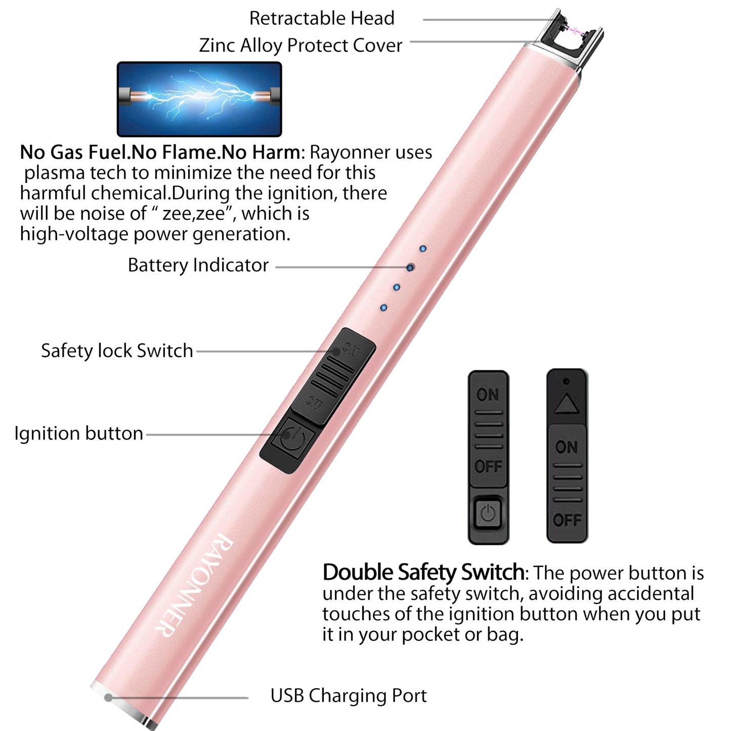 RAYONNER Lighter Electric Candle Lighters Rechargeable USB Lighter Arc Lighters for Candle Camping (1Pack, Rose Gold)