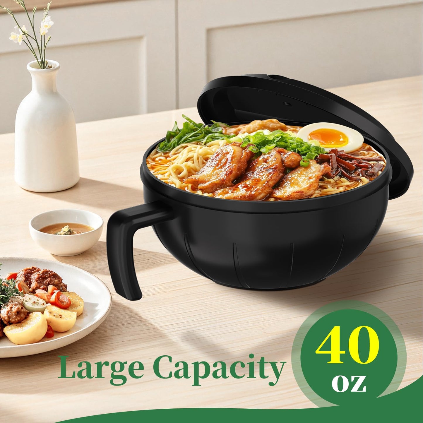 steo spce Large Ramen Bowl Set, 40 Oz Microwaveable Noodle Cooker with Leak-Proof Lids, Chopsticks, Spoon & Fork – Portable and Dishwasher Safe, Ideal for Home, Office, Dorm, or Gift Light (Black)