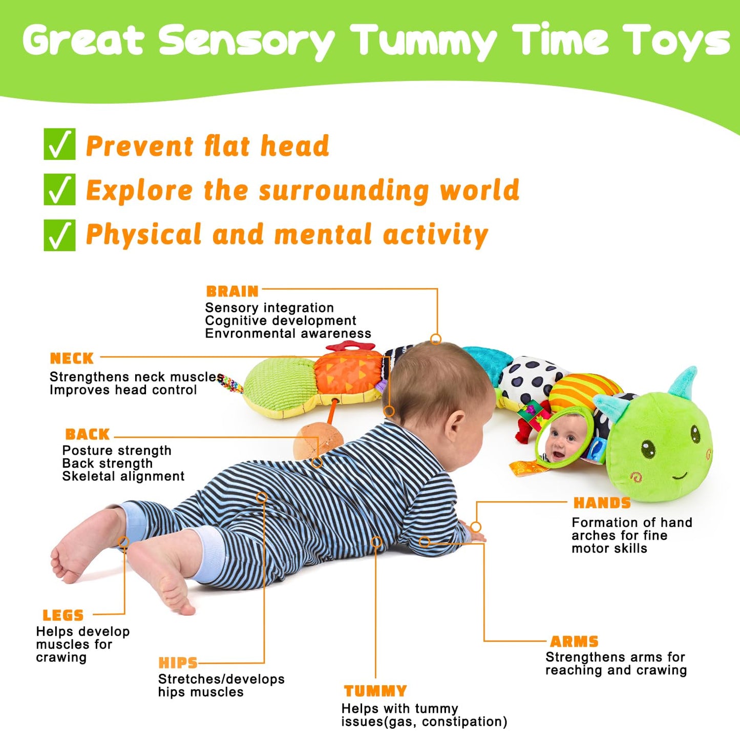 Baby Sensory Toy 0-6 Month Music Animal Stuffed Plush Caterpillar Toy for Infant 0-3-6 Month Tummy Time with Baby Mirror Crinkle Rattle for 6-12 Month Carseat Toys for Newborn Boys Girls Shower Gifts