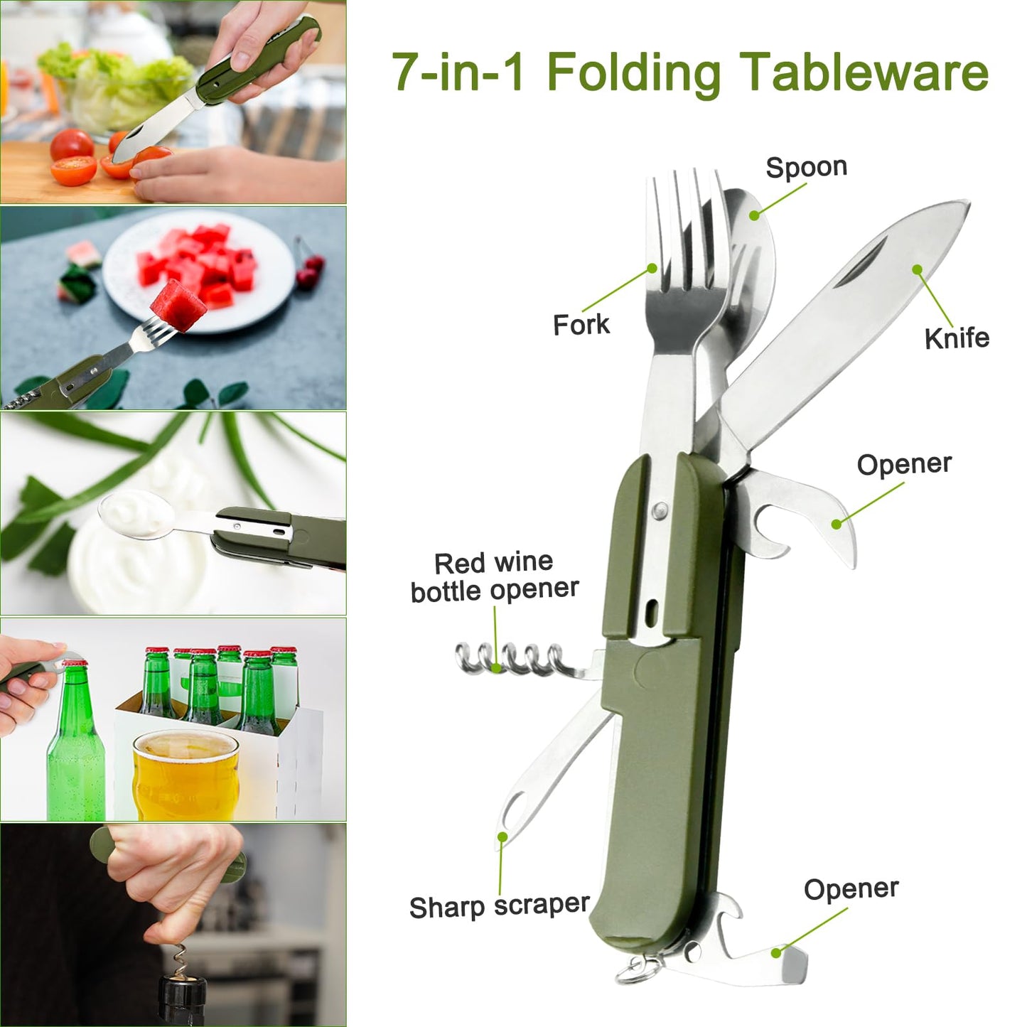 EZYoutdoor 7-in-1 Camping Utensils - Portable Stainless Steel Camping Fork Spoon Knife Set for Hiking, Picnics Outdoor Enthusiasts, and Travel - Essential Survival Utensil Tool Kit