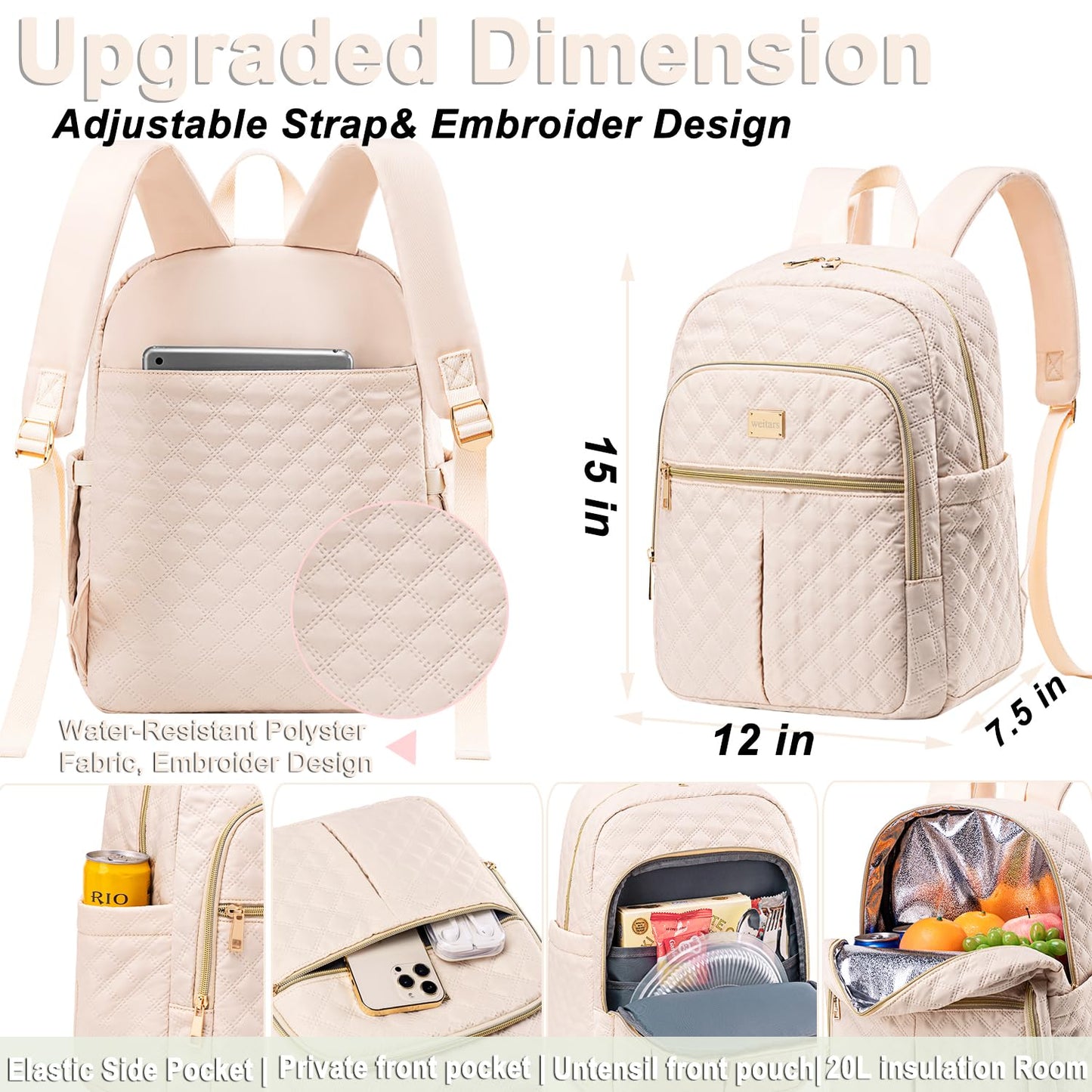 Weitars Lunch Backpack for Women,20L Backpacks Cooler Insulated,Back Pack Lunch Bag for Women Work with Side Pocket,Lunchbox Backpack for Picnic Camping