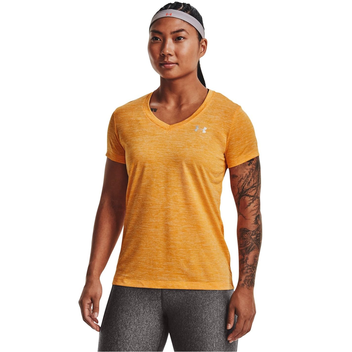 Under Armour Womens Tech V-Neck Twist Short-Sleeve T-Shirt, (782) Rise/White/Metallic Silver, X-Small