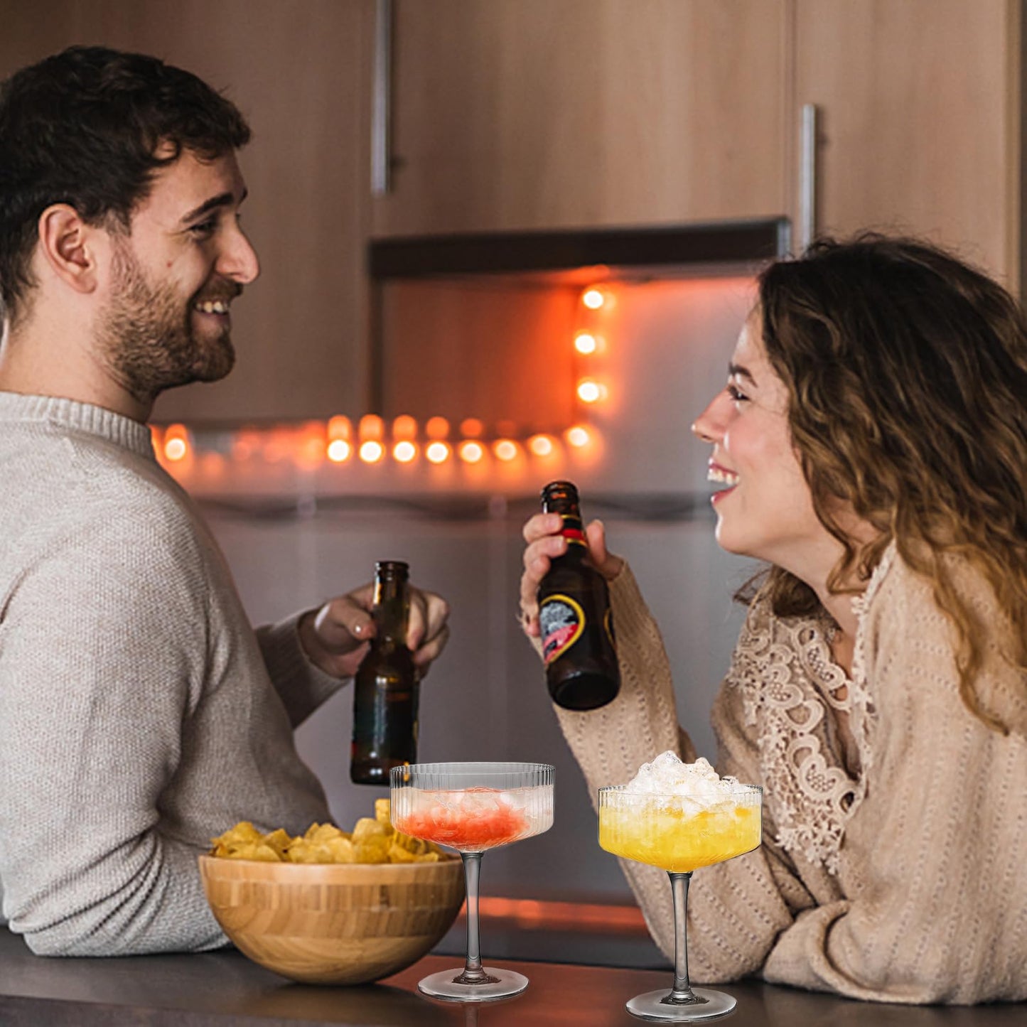 Qipecedm 4 Pcs Ribbed Coupe Glasses, 10 oz Vintage Coupe Glass Set, Unique Martini Glass, Classic Cocktail Galssware, Bar Drinking Glasses Set Pefect for Cocktail, Wine, Champagne & Gift