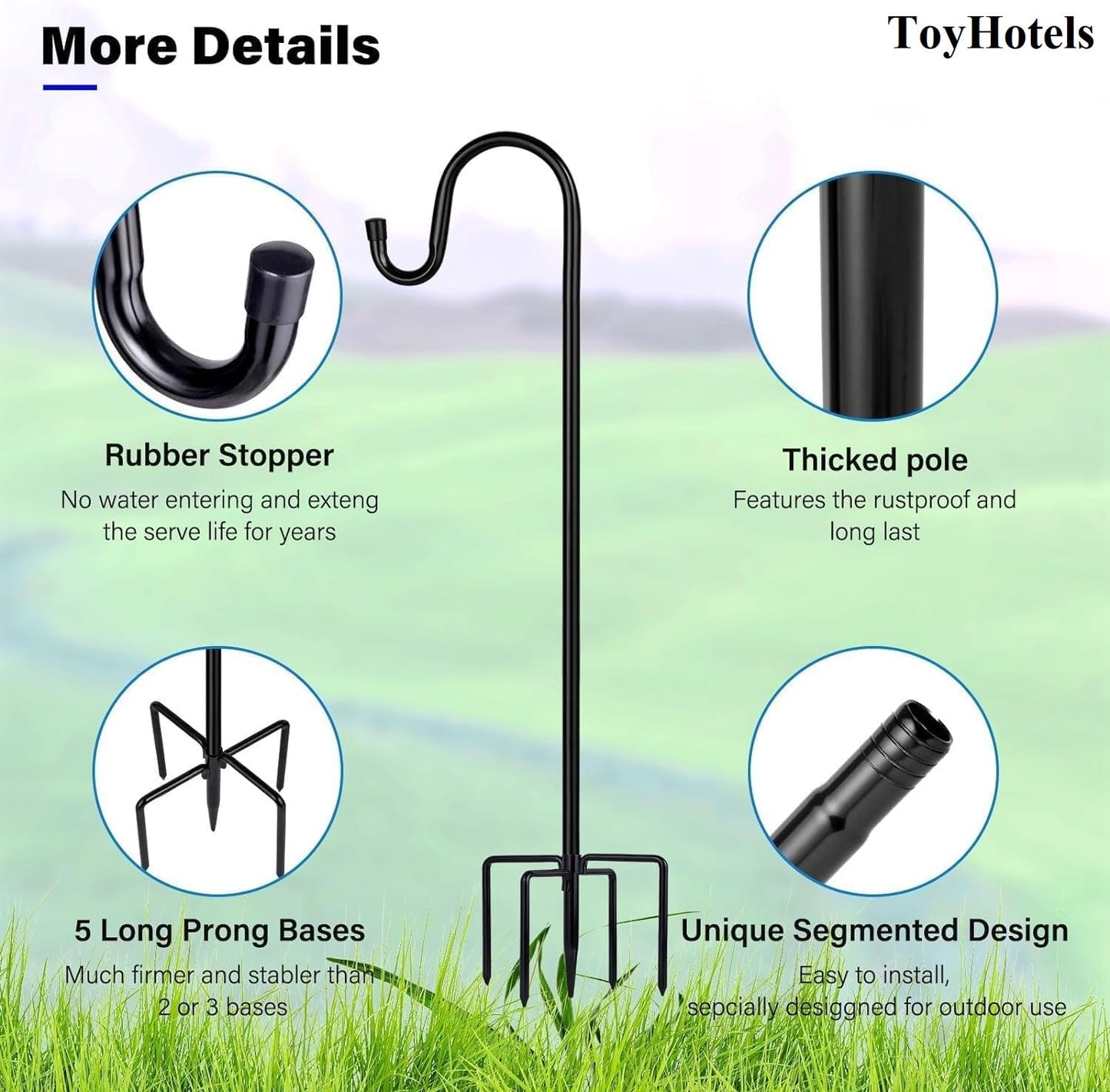 ToyHotels Shepherd Hooks for Outdoor, 1 Pack 62 Inch Bird Feeder Pole with 5 Prongs Base for Hanging Lantern, Hummingbird Feeder, Lightweight Plant, Shepherds Hook for Bird Feeders for Outside
