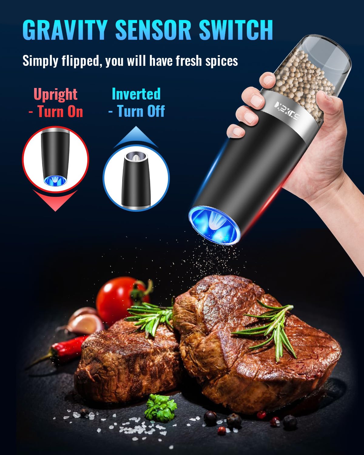 XinXu Gravity Electric Pepper and Salt Grinder Set, Adjustable Coarseness, Battery Powered with LED Light, One Hand Automatic Operation, 2 Pack/Black