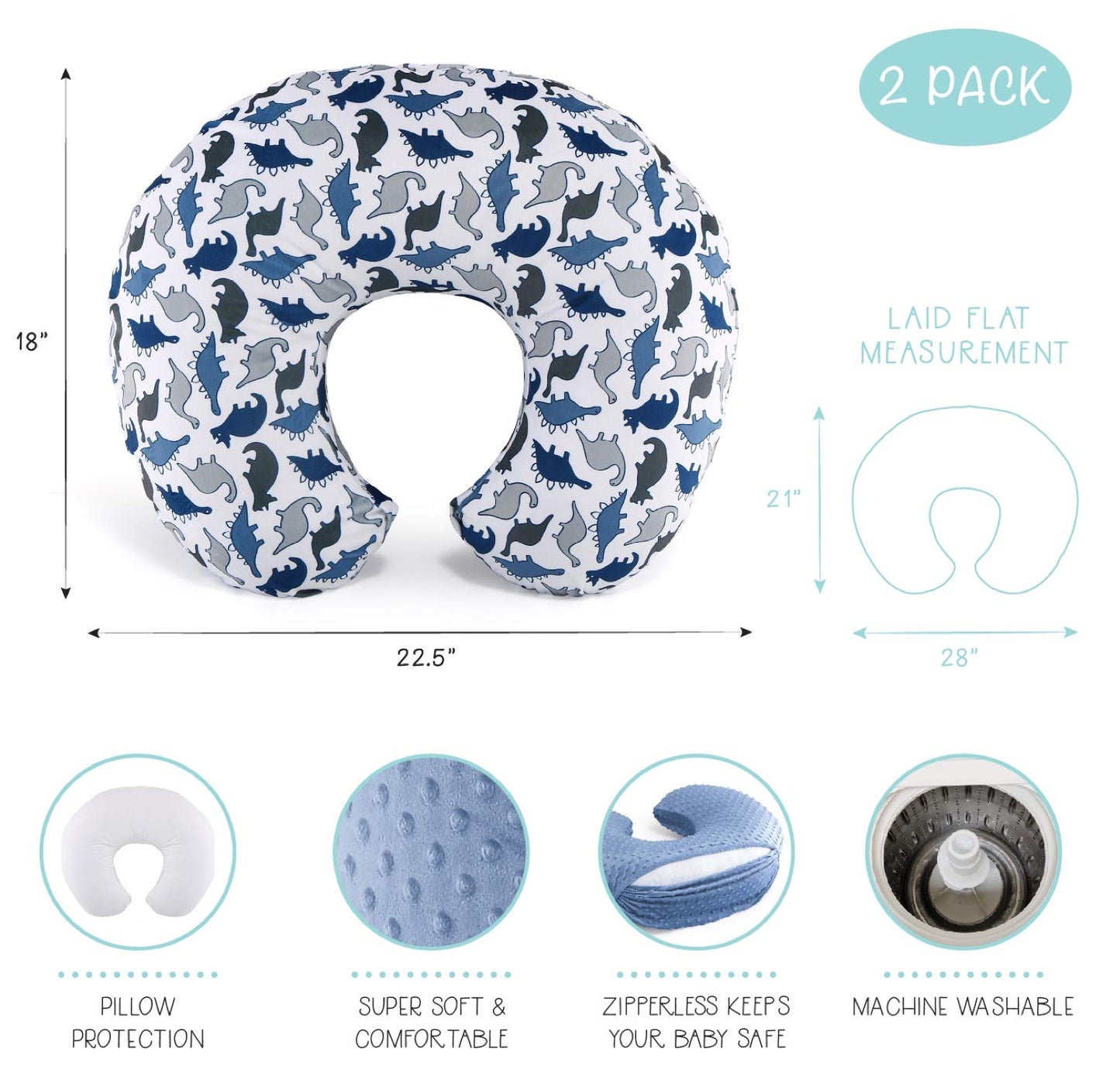 The Peanutshell Nursing Pillow Cover Set of 2 - Soft Newborn Nursing Baby Girl or Boy Pillow Covers, Supportive & Comfortable Breastfeeding, Tummy Time Must Haves, Baby Essentials - Dino & Blue Minky