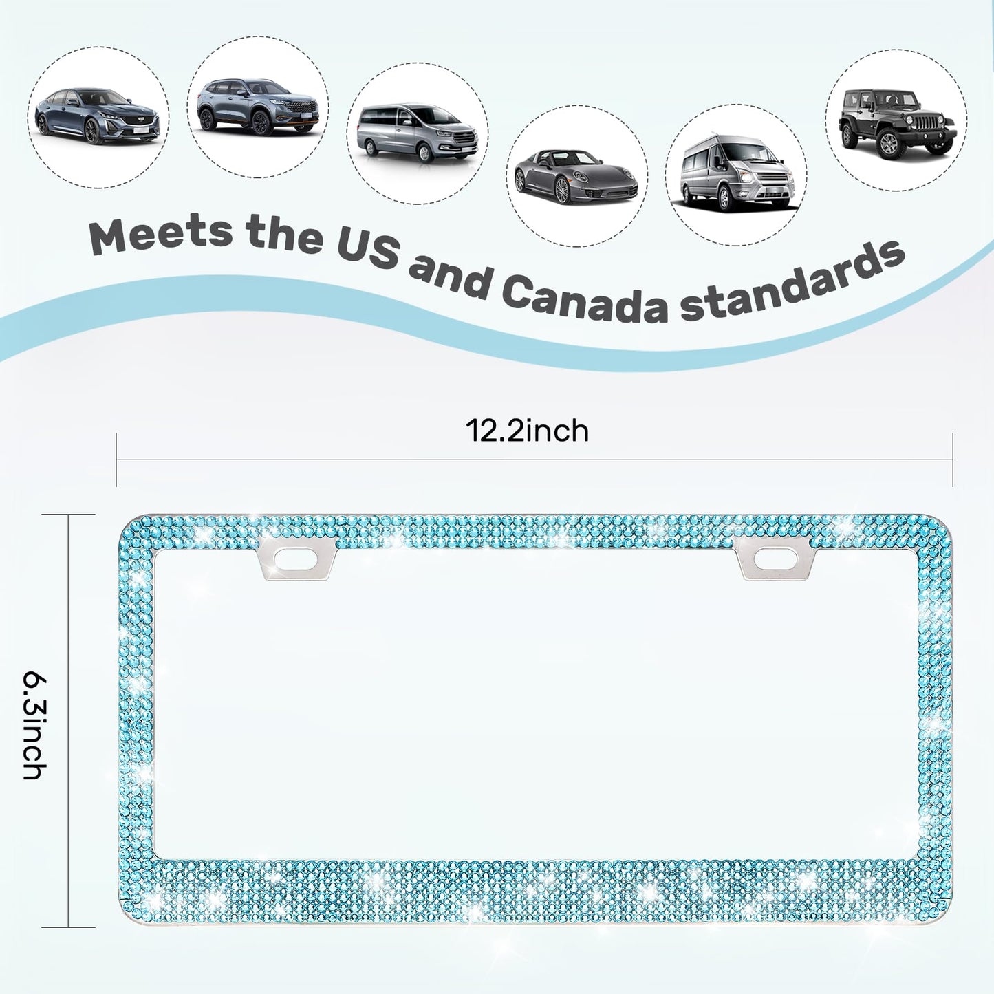QUANQIUFEI 2 Pack Bling License Plate Frames, Sparkly Rhinestone Diamond Car License Plate Cover for Women, Stainless Steel Car Accessories with Glitter Crystal Caps (Aqua Bohemica)