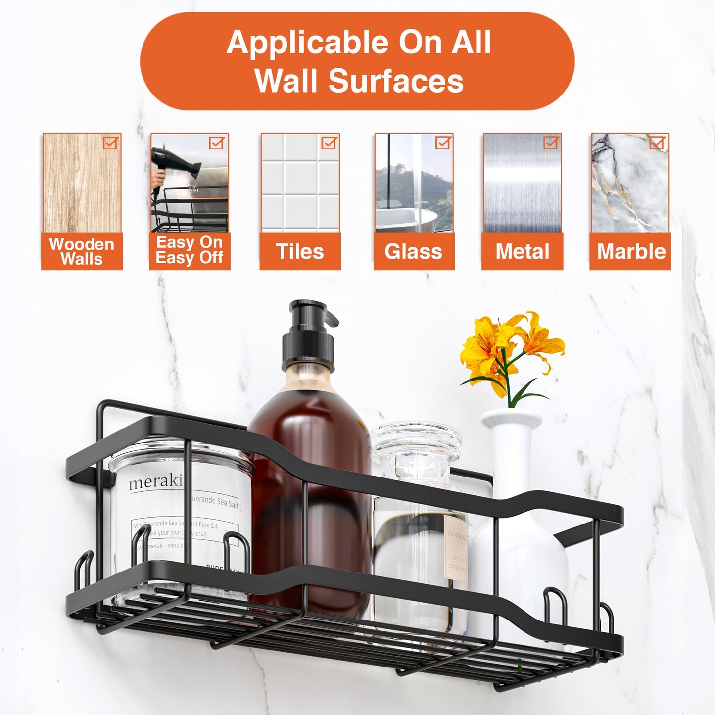 Shower Caddy Bathroom Shelves, The Athena Silken 4 Set, 40LB Capacity, Adhesive Tape No Drill - Rustproof -Gorgeous Powder Coated 304 Stainless Steel Shower Organizer for kitchen & Home Decor - Black
