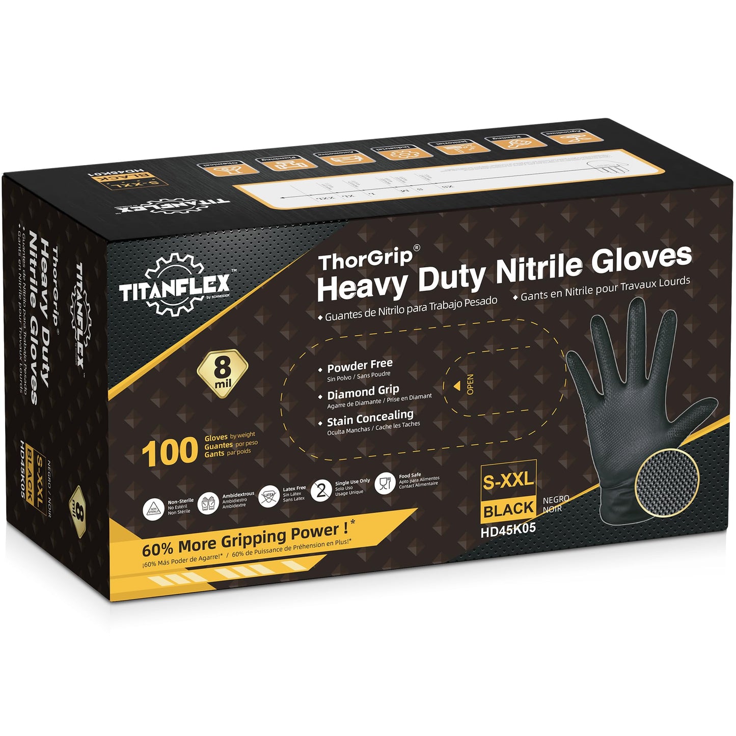 TitanFlex Heavy Duty Black Industrial Nitrile Gloves, 8-mil, XL, Box of 100, Latex Free, Raised Diamond Texture, Powder Free, Food Safe, Rubber Gloves, Mechanic Gloves