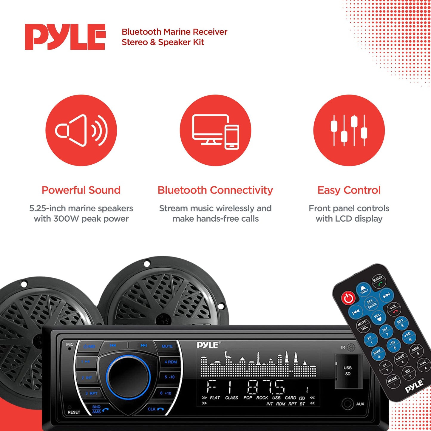 Pyle Marine Headunit Receiver Speaker Kit - In-Dash LCD Digital Stereo Built-in Bluetooth & Microphone w/ AM FM Radio System 5.25’’ Waterproof Speakers (2) MP3/SD Readers & Remote Control-PLMRKT46BK
