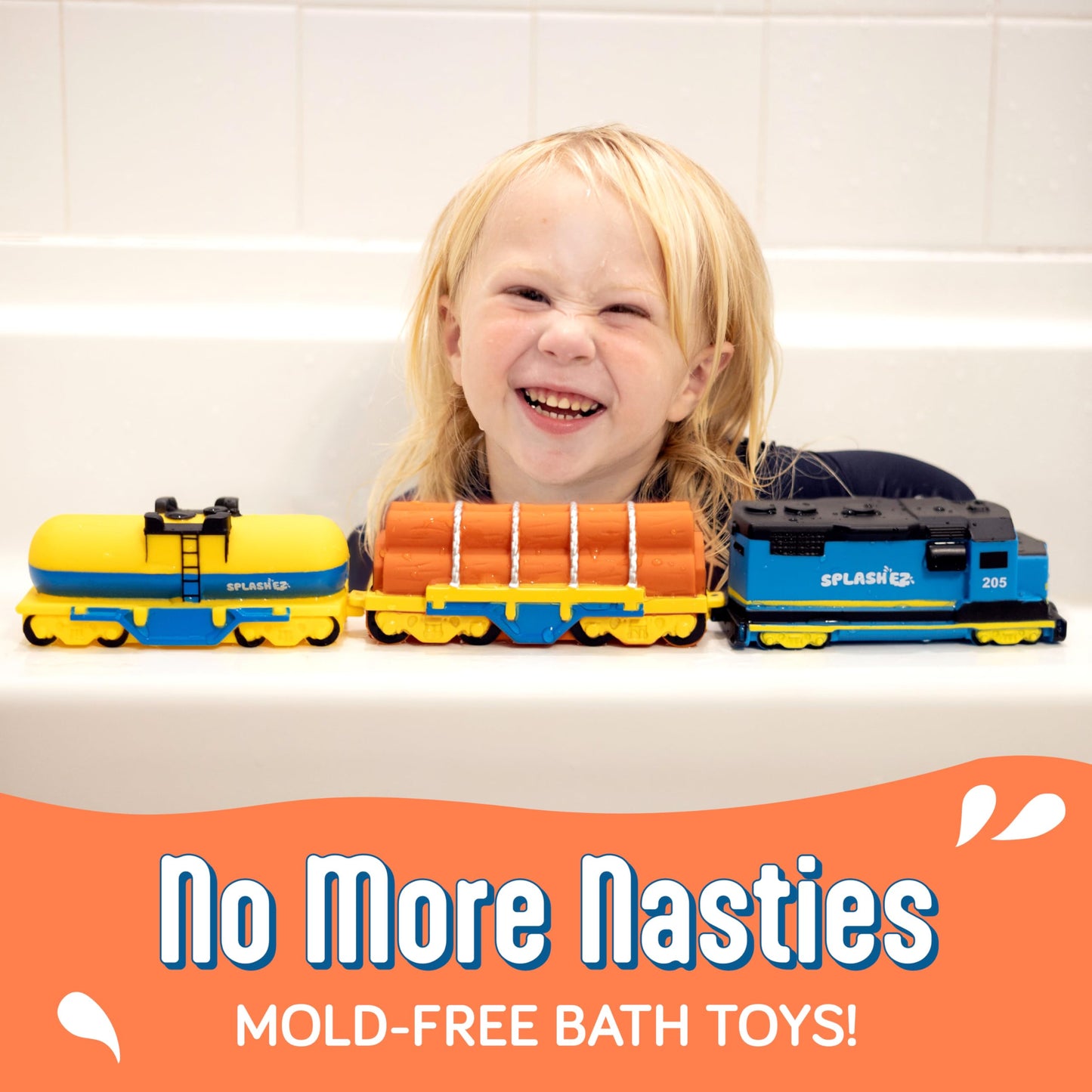 SplashEZ Train Toys for Bath | Mold Free Bath Toys for Kids & Toddlers with No Hole for Water | Train Set Ideal Size for Little Hands | Safe, Durable for Baby Tub Pool Fun for Boys Girls Ages 0 & Up