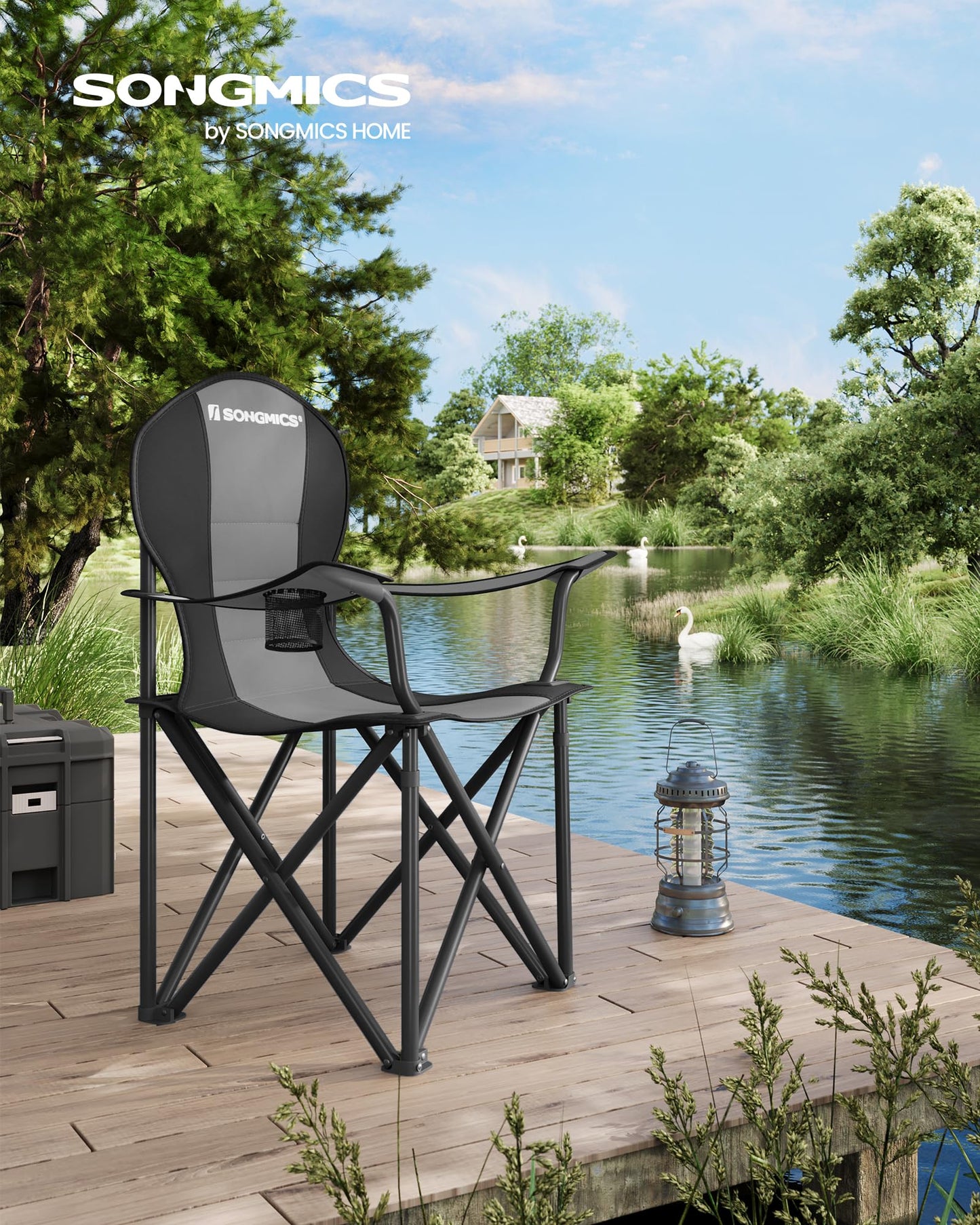 SONGMICS Folding Camping Chair, with Comfortable Sponge Seat, Cup Holder, Heavy Duty Structure, Max Load Capacity 551 lb, Outdoor Picnic Chair, Gray and Black UGCB006G01