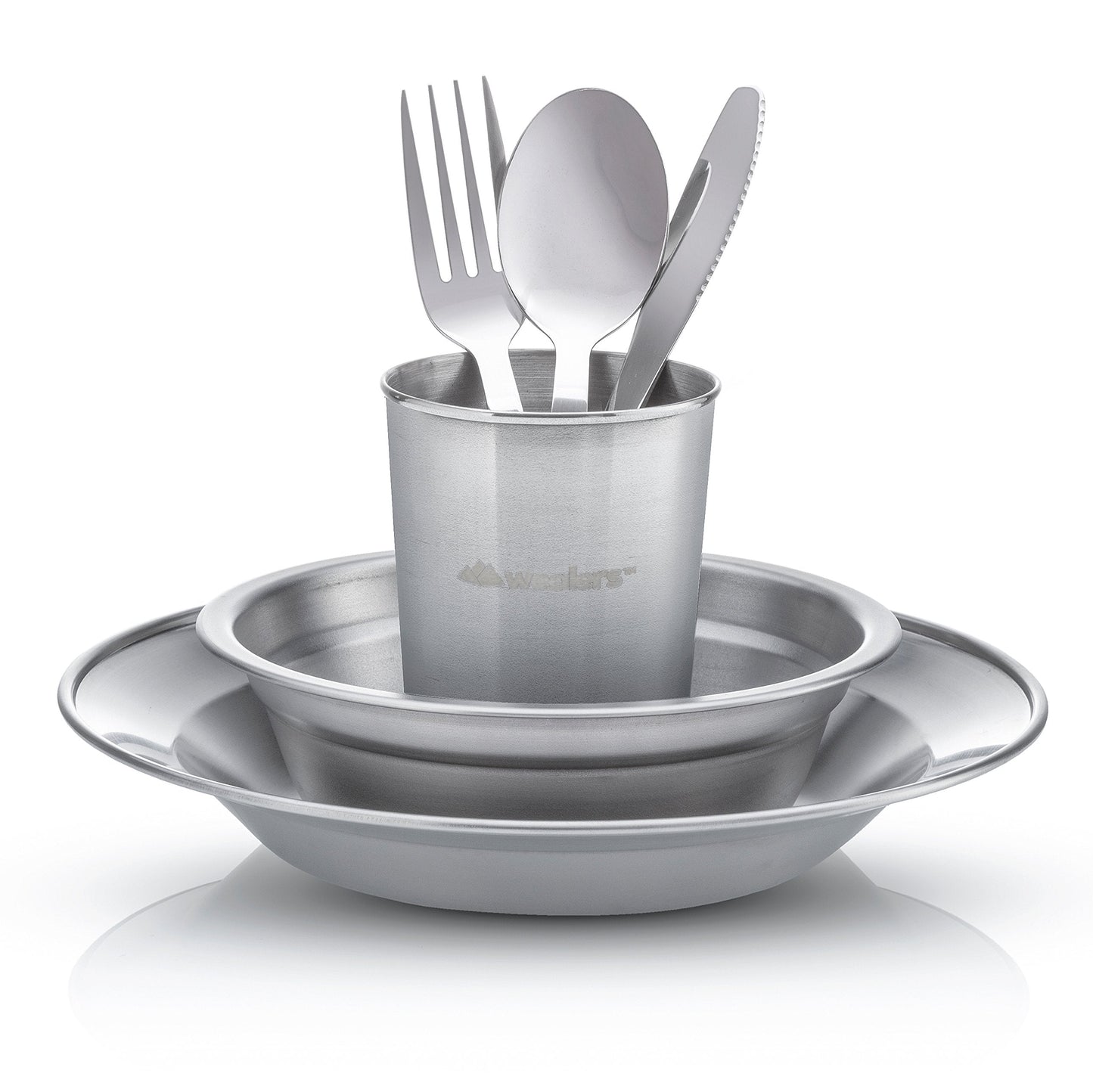 Wealers Unique Complete Messware Kit Polished Stainless Steel Dishes Set| Tableware| Dinnerware| Camping| Buffet| Includes - Cups | Plates| Bowls| Cutlery| Comes in Mesh Bags (Single Person Blue)
