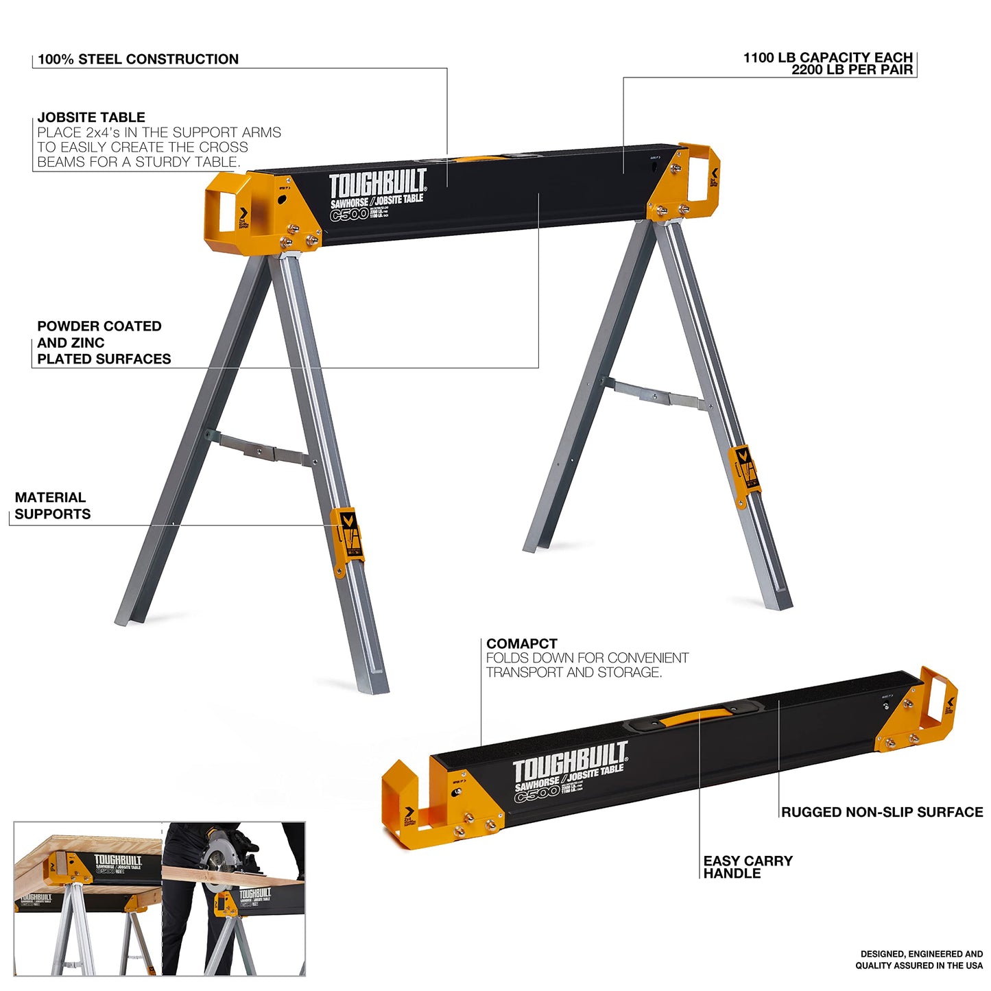 ToughBuilt - Sawhorse with 2x4 Support Arms 1100 LB Capacity - Heavy Duty Construction with Fast Open Legs and Easy Grip Handle - (TB-C500)