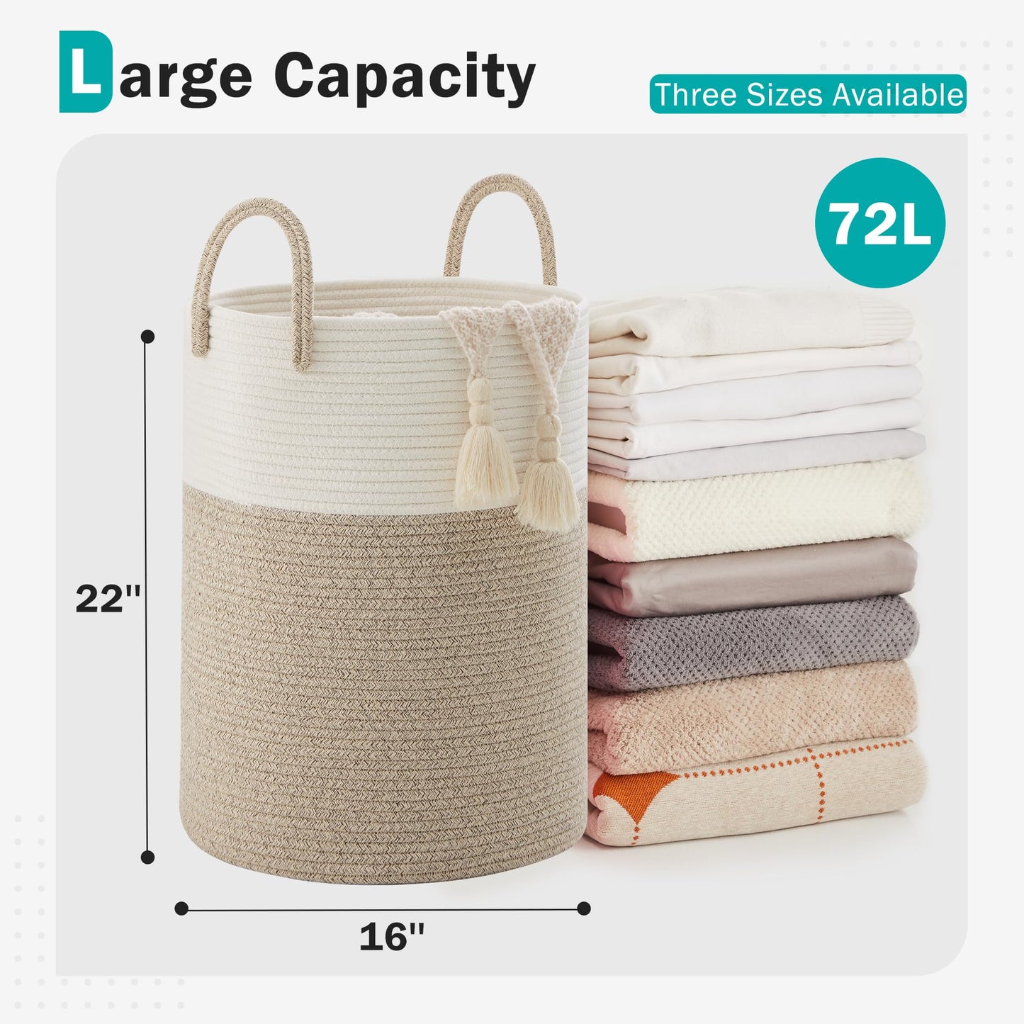 Cotton Rope Laundry Basket by YOUDENOVA, 72L Woven Collapsible Laundry Hamper, Clothes Hamper with Reinforced Handles in the Laundry Room, Bedroom, Bathroom, Brown