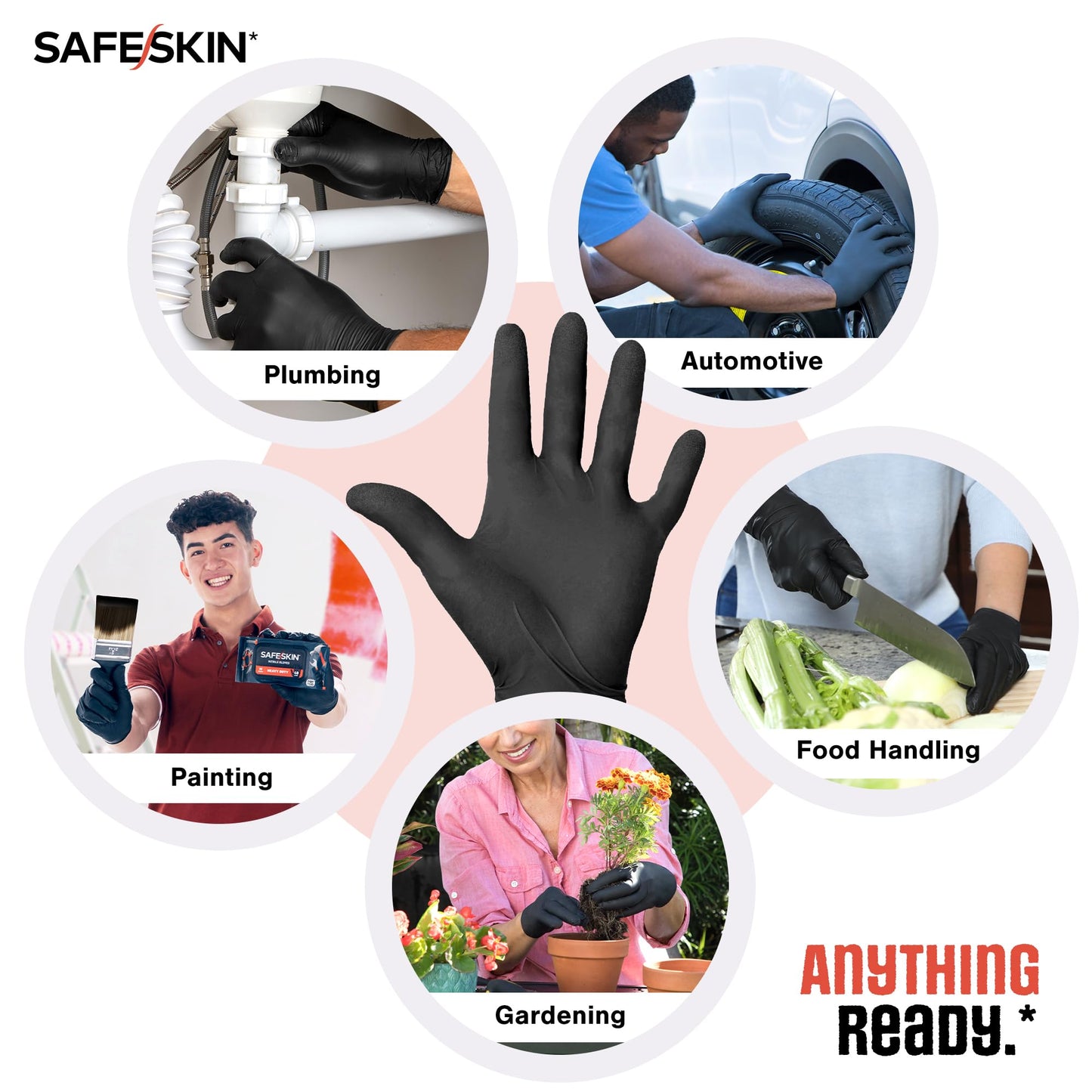 SAFESKIN Heavy Duty Nitrile Disposable Gloves, Pack of 40, Powder Free, Black - Plumbing, Gardening, Painting, Food Handling